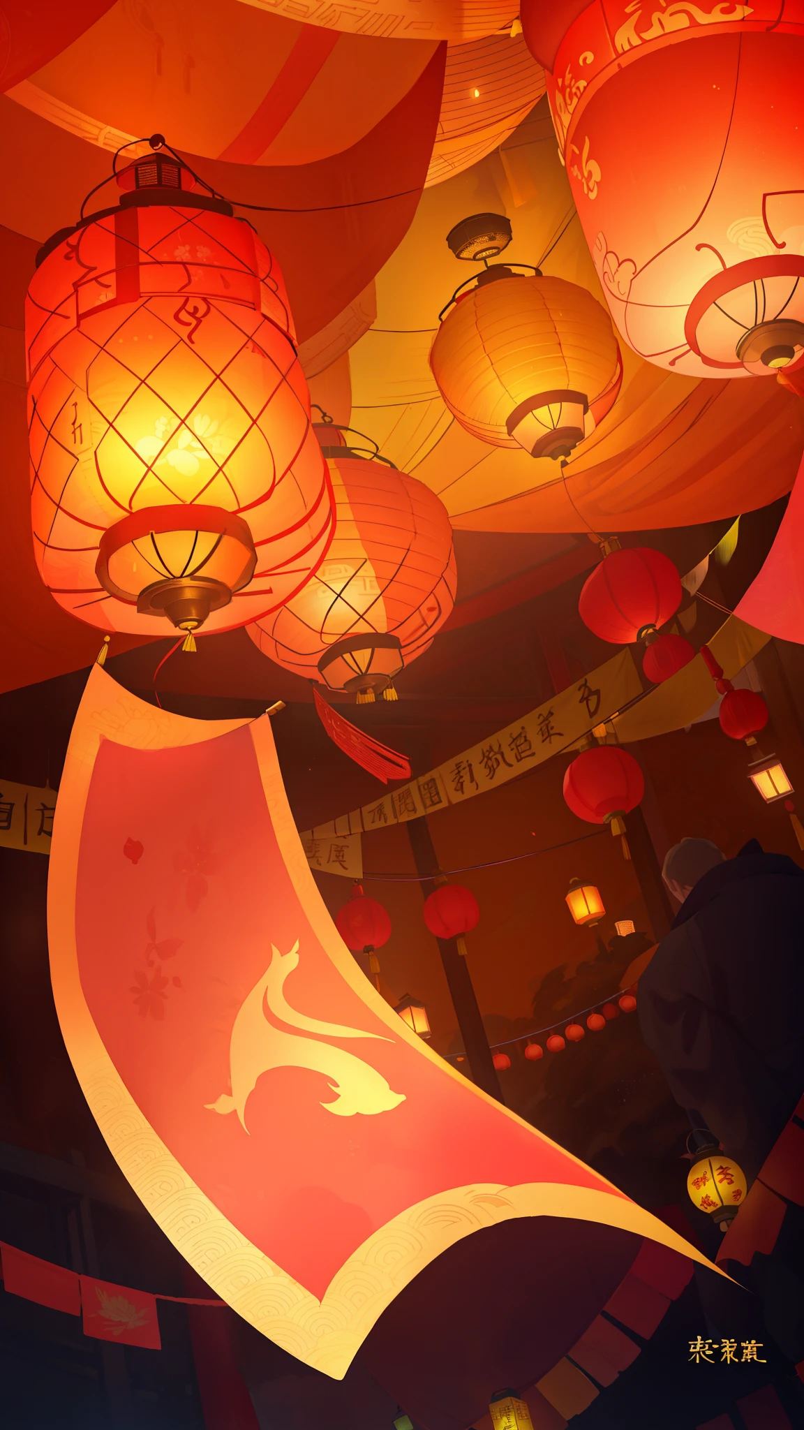 chinese lanterns, lanterns, glowing lanterns, Luminous lamp! number, street lanterns are shining, kongming lanterns in the sky, background artwork, street lanterns glow, lantern light, lantern, yellow lanterns, red lanterns, colorful lanterns, evening lanterns, A beautiful artistic illustration, Chinese watercolor style