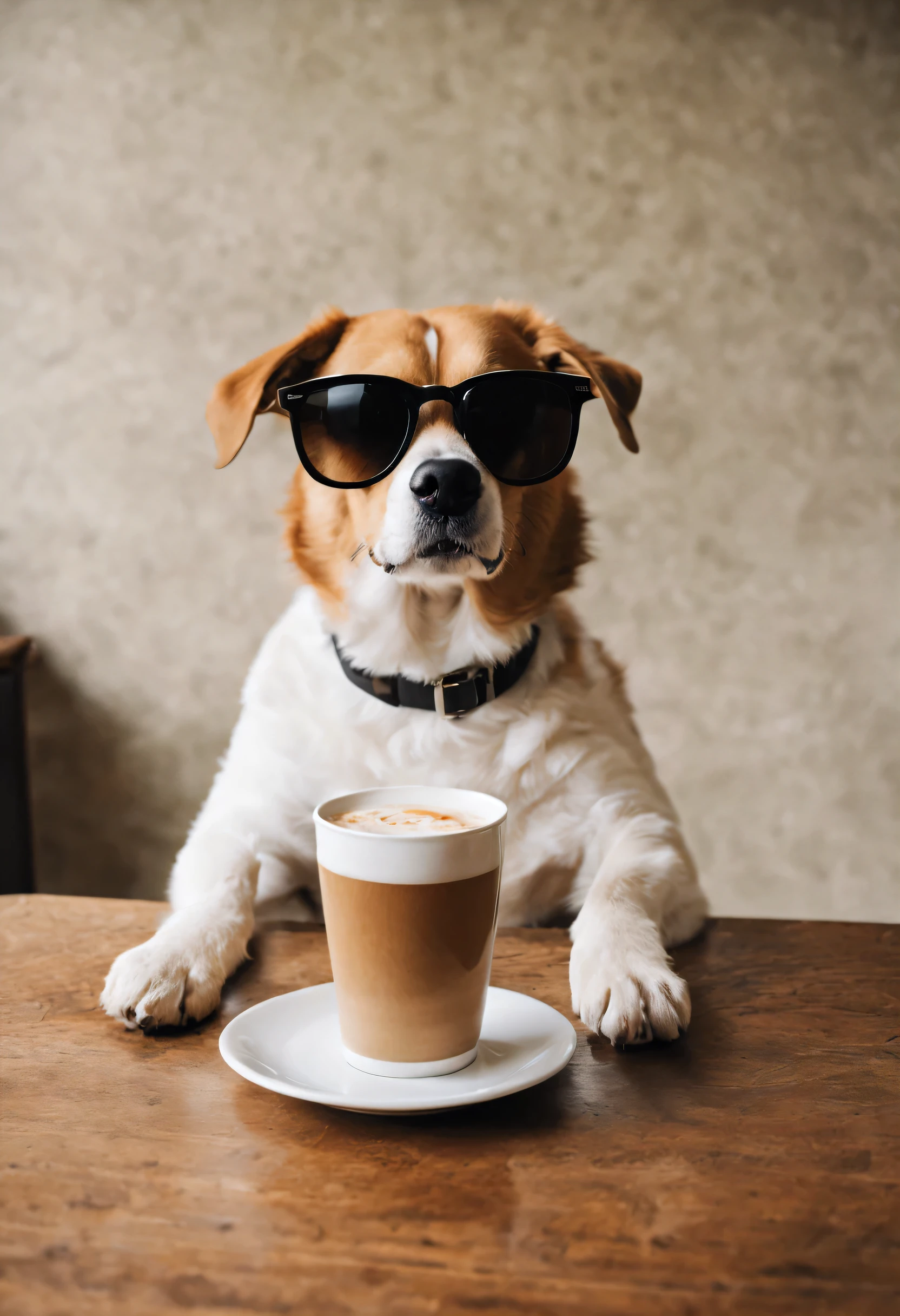 A dog wearing sunglasses,Coffee can be seen on camera,snack。Coffee and food may only appear in dogs'S frame'Glasses