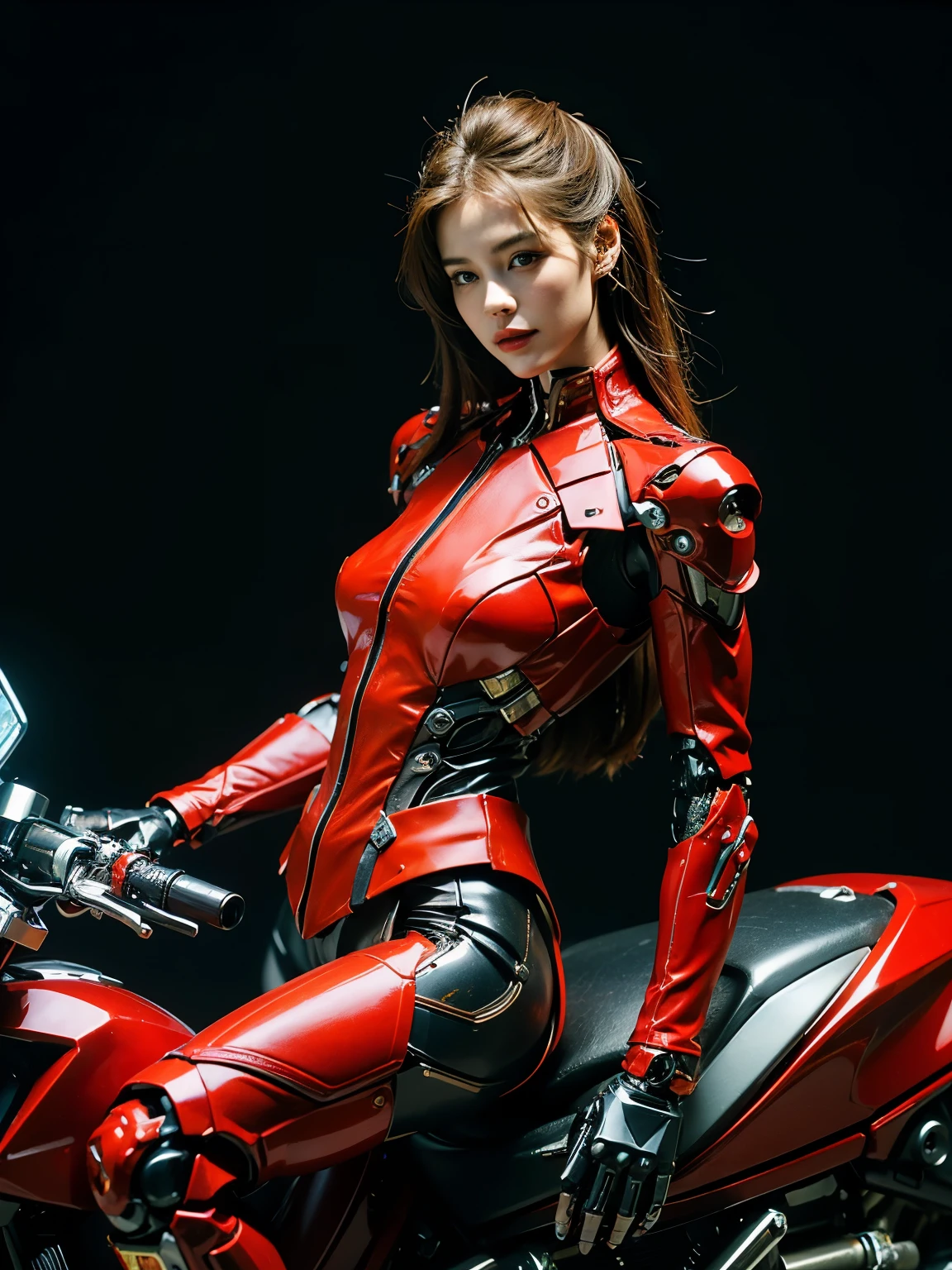 ((best quality)), ((masterpiece)), ((perfect face))、（(detailed motorcycle)）、Detailed and clear photos、((Cyborg Woman))、(Red long sleeve riding jacket and leather pants))、((riding a motorcycle))、((cybernetics))、slender body、((Woman with mechanical body))、communication headset、(((steel fingers)))、(((The body is mechanized)))、full body shot、The background is a futuristic city