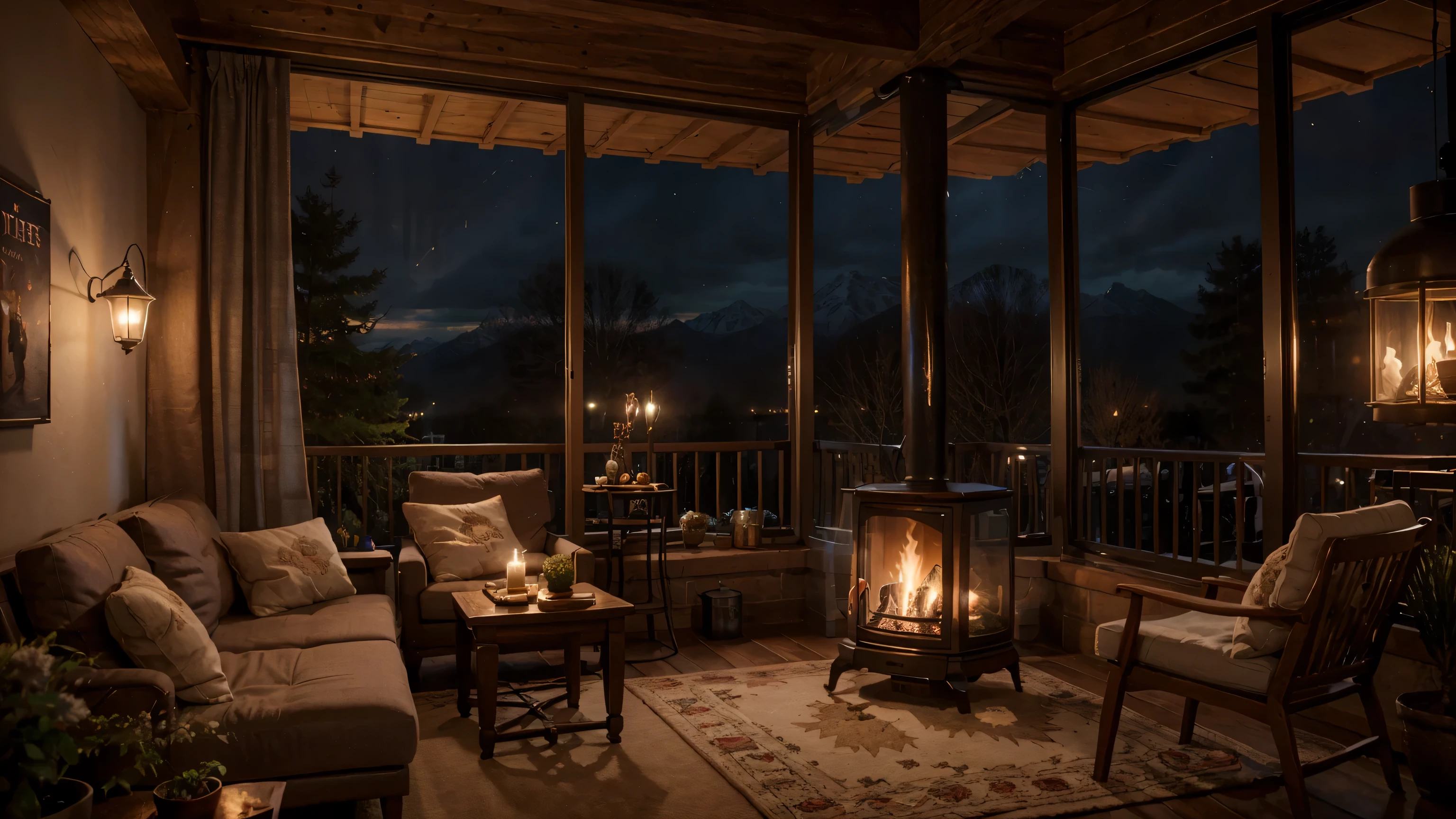 (balcony) outside coffee shop, winter mountain, one fireplace and bed, cozy place, books place, warm beautiful scene, cozy atmospheric, cozy environment, cozy setting, winter setting, cosy enchanted scene, very realistic, cozy atmosphere, cozy and peaceful atmosphere, cozy and calm, beautiful detailed scene, winter time, very very realistic, ✨🕌🌙, cozy wallpaper, unreal engine ; romantic theme