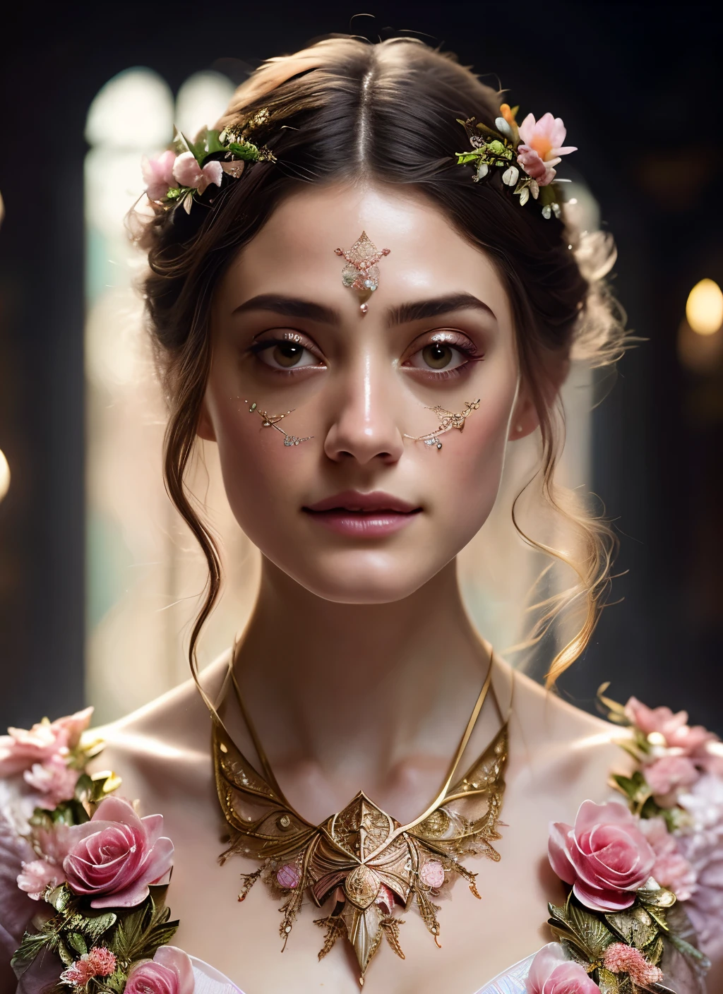 Looks like Emmy Rossum, (symmetry:1.1) (portrait of floral:1.05) a woman as a beautiful goddess, (assassins creed style:0.8), pink and gold and opal color scheme, beautiful intricate filegrid facepaint, intricate, elegant, highly detailed, digital painting, artstation, concept art, smooth, sharp focus, illustration, art by greg rutkowski and alphonse mucha, 8k