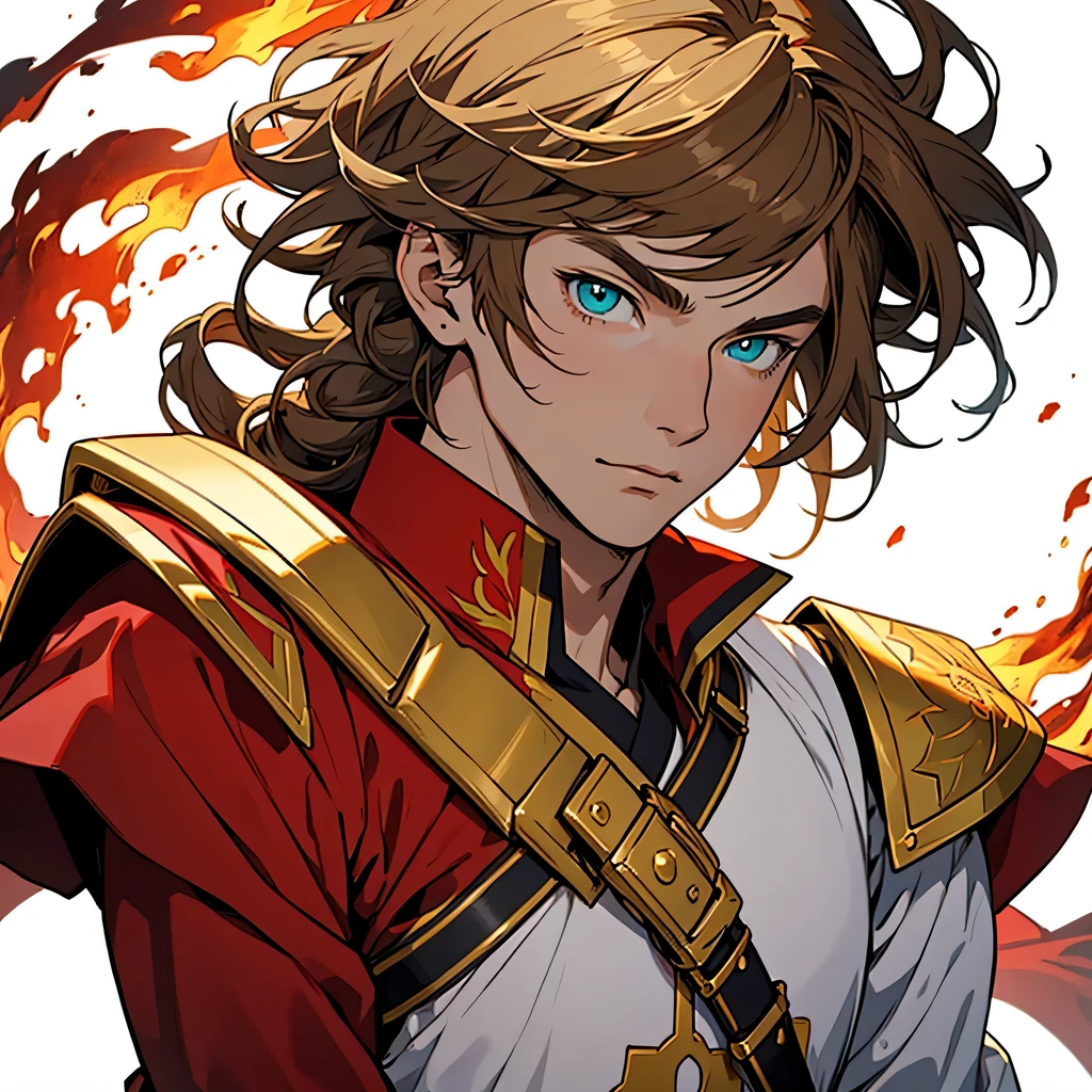 medieval anime art, masterpiece, best quality, by professional artist, male, solo, upper body portrait, detailed composition, detailed eyes, (((white background))), Asian, spiky light brown long hair, peek-a-bangs, teal eyes, wearing red and yellow armor, fire magic