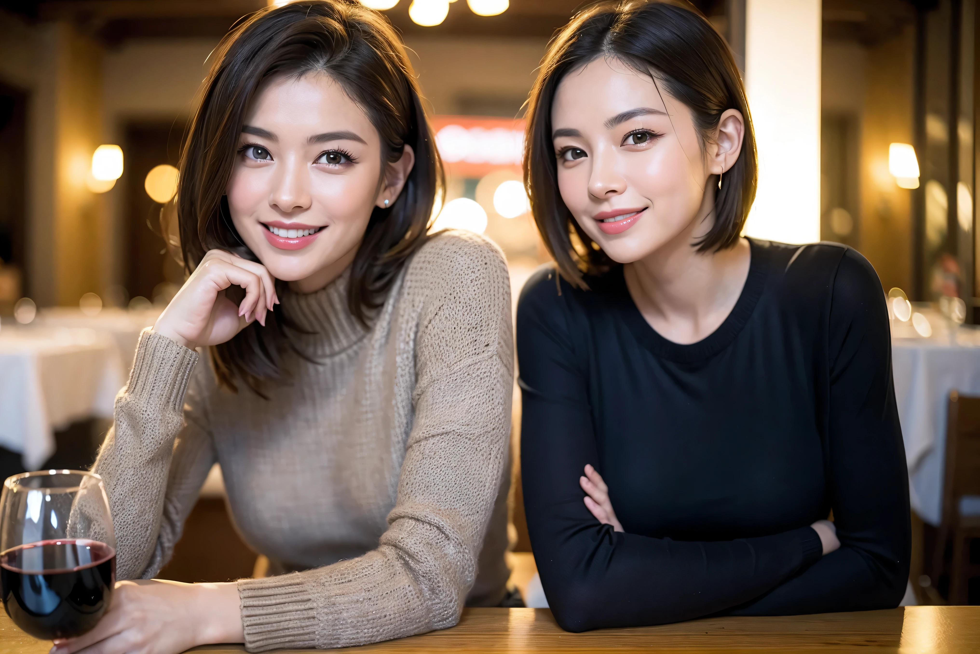 (including 64k、nffsw、highest quality、masterpiece:1.2)、(realistic、Photoreal:1.37)、Super detailed、wine glass、while enjoying wine、mature woman、two beautiful women、(slim face)、(because I'thin)、(brown hair)、(shortcut)、Latino、smileのフランス人女性、happy italian girl、british woman、Americana、cheeks are a little red、(36 years old)、39 years old、red wine、窓の外には美しく緻密なnight景が広がります.........、restaurant、目立つ場所にあるwine glass、night、(from the waist up)、sit on top、date、(laughter:1.15)、thin and beautiful eyes、cashmere sweater、long sleeve dress、Japanese、(short hair:1.2)、Float NovaFrogStyle、、modeled、from the waist up、White wine、turned into slime、wine glass、超綺麗なnight景、wine glassを真ん中に置きます、smile、(8k、RAW photo、highest quality、masterpiece:1.2)、(realistic、Photoreal:1.37)、Super detailed、ultra high resolution、2 females、see the beholder、beautiful and detailed face、laughter、narrow、(slim waist) :1.3)、knit shirt、Fine and beautiful skin、skin texture、floating hair、professional light needle breast、kind eyes