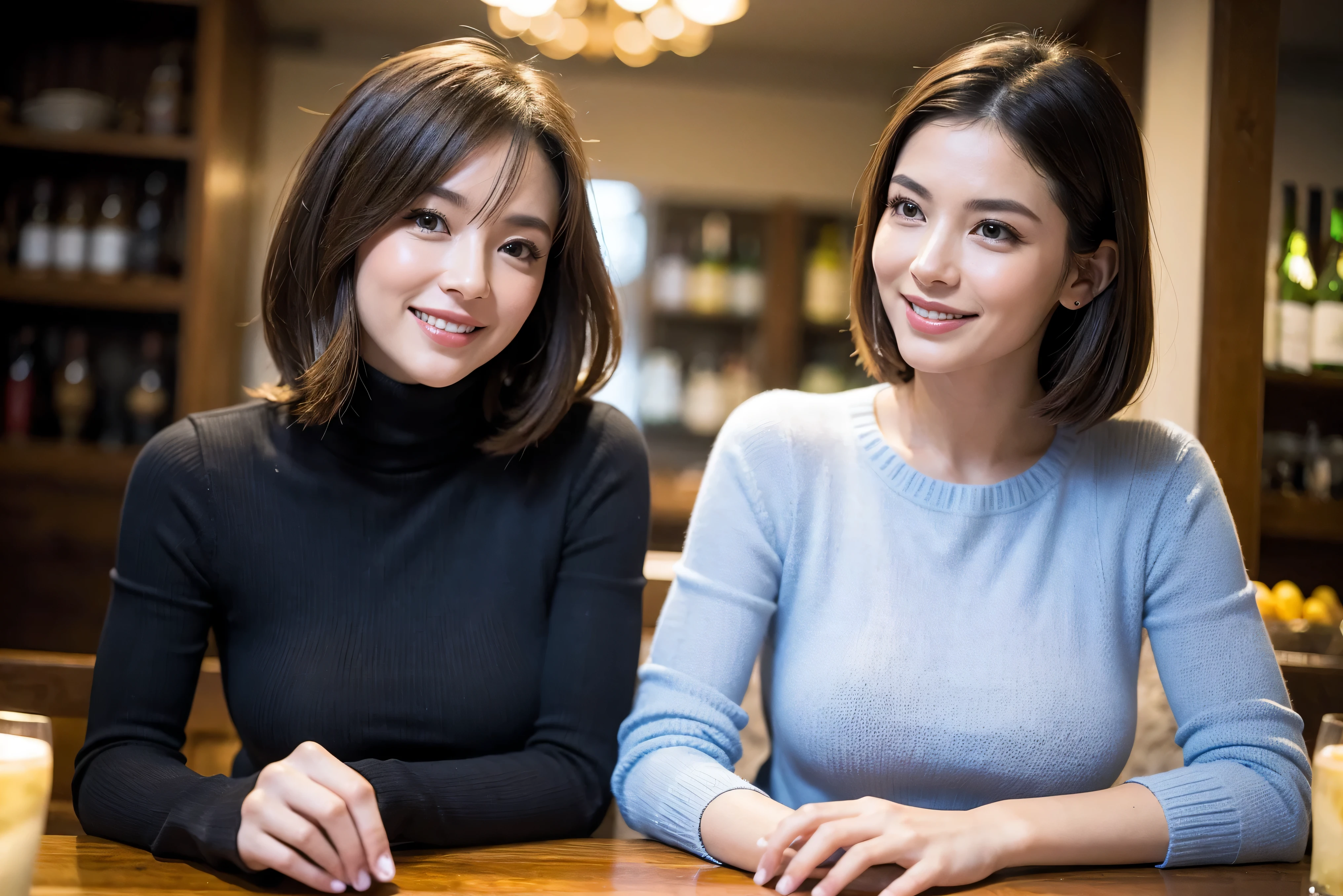 (including 64k、nffsw、highest quality、masterpiece:1.2)、(realistic、Photoreal:1.37)、Super detailed、wine glass、while enjoying wine、mature woman、two beautiful women、(slim face)、(because I'thin)、(brown hair)、(shortcut)、Latino、smileのフランス人女性、happy italian girl、british woman、Americana、cheeks are a little red、(36 years old)、39 years old、red wine、窓の外には美しく緻密なnight景が広がります.........、restaurant、目立つ場所にあるwine glass、night、(from the waist up)、sit on top、date、(laughter:1.15)、thin and beautiful eyes、cashmere sweater、long sleeve dress、Japanese、(short hair:1.2)、Float NovaFrogStyle、、modeled、from the waist up、White wine、turned into slime、wine glass、超綺麗なnight景、wine glassを真ん中に置きます、smile、(8k、RAW photo、highest quality、masterpiece:1.2)、(realistic、Photoreal:1.37)、Super detailed、ultra high resolution、2 females、see the beholder、beautiful and detailed face、laughter、narrow、(slim waist) :1.3)、knit shirt、Fine and beautiful skin、skin texture、floating hair、professional light needle breast、kind eyes