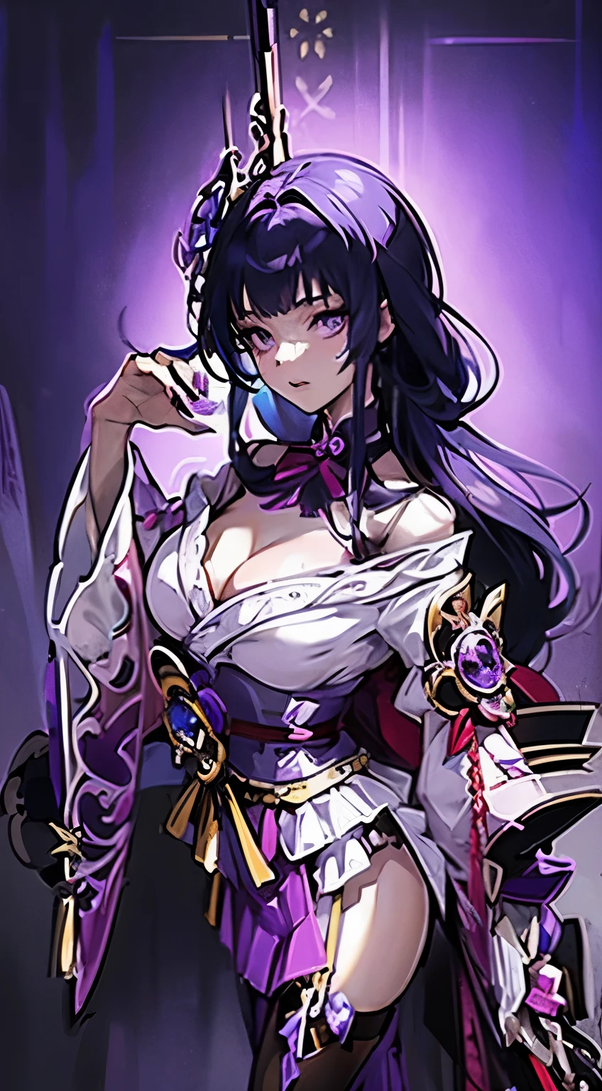 Anime girl in purple skirt holding umbrella in dark room, Moon themed clothing, fantasy costumes, rococo cyberpunk, Elegant Gothic Princess, black and purple clothing, gothic shoujo anime girl, Astral Witch Clothes, lolita fashion, ((beautiful fantasy queen)), Charming hypnotic woman, Dress up in dreamy formal attire, lulua workshop, fairy tale core, I&#39;m going
