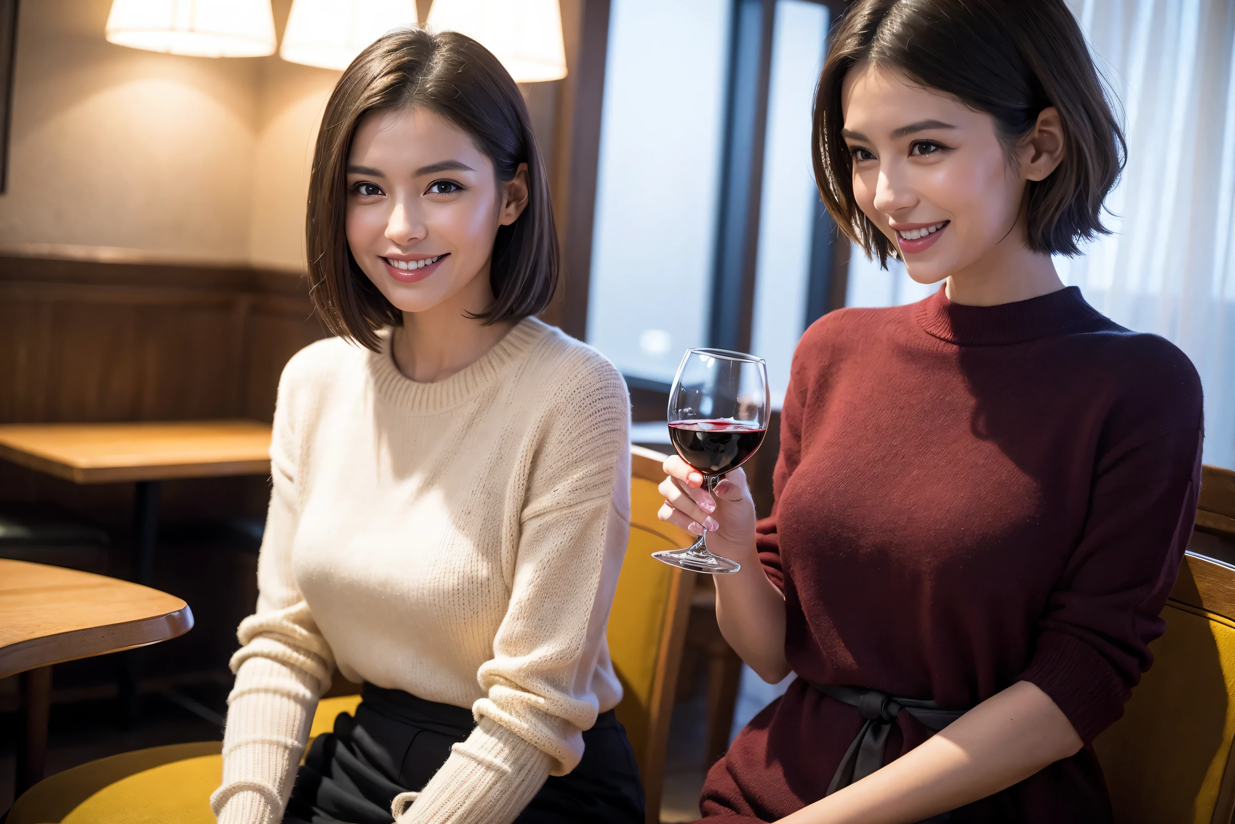 (including 64k、nffsw、highest quality、masterpiece:1.2)、(realistic、Photoreal:1.37)、Super detailed、wine glass、while enjoying wine、mature woman、two beautiful women、(slim face)、(because I'thin)、(brown hair)、(shortcut)、Latino、smileのフランス人女性、happy italian girl、british woman、Americana、cheeks are a little red、(36 years old)、39 years old、red wine、窓の外には美しく緻密なnight景が広がります.........、restaurant、目立つ場所にあるwine glass、night、(from the waist up)、sit on top、date、(laughter:1.15)、thin and beautiful eyes、cashmere sweater、long sleeve dress、Japanese、(short hair:1.2)、Float NovaFrogStyle、、modeled、from the waist up、White wine、turned into slime、wine glass、超綺麗なnight景、wine glassを真ん中に置きます、smile、(8k、RAW photo、highest quality、masterpiece:1.2)、(realistic、Photoreal:1.37)、Super detailed、ultra high resolution、2 females、see the beholder、beautiful and detailed face、laughter、narrow、(slim waist) :1.3)、knit shirt、Fine and beautiful skin、skin texture、floating hair、professional light needle breast、kind eyes