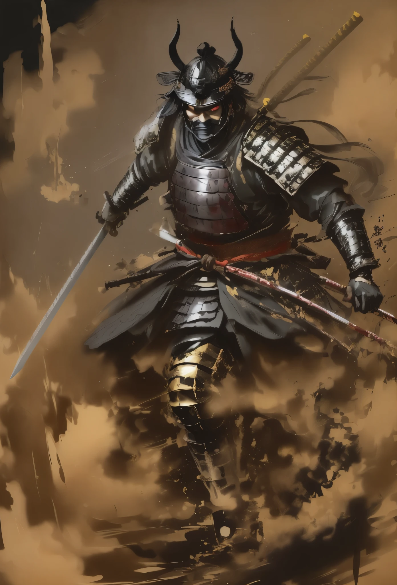 samurai wearing armor,black,Draw in black on a gold background,Japanese painting,draw with ink,Shades of black unique to sumi-e,A shading technique unique to sumi-e,he has someone important to protect,I'm about to take on a life-threatening battle.,Expresses strong determination and will,A straight and beautiful sword:Traditional crafts:masterpiece:made in Japan,metallic luster,masterpiece,Inheriting the spirit of Akira Kurosawa,cool,wonderful,used in a movie poster,professional works,最高masterpiece,High resolution,moderate dirt,History and traditions