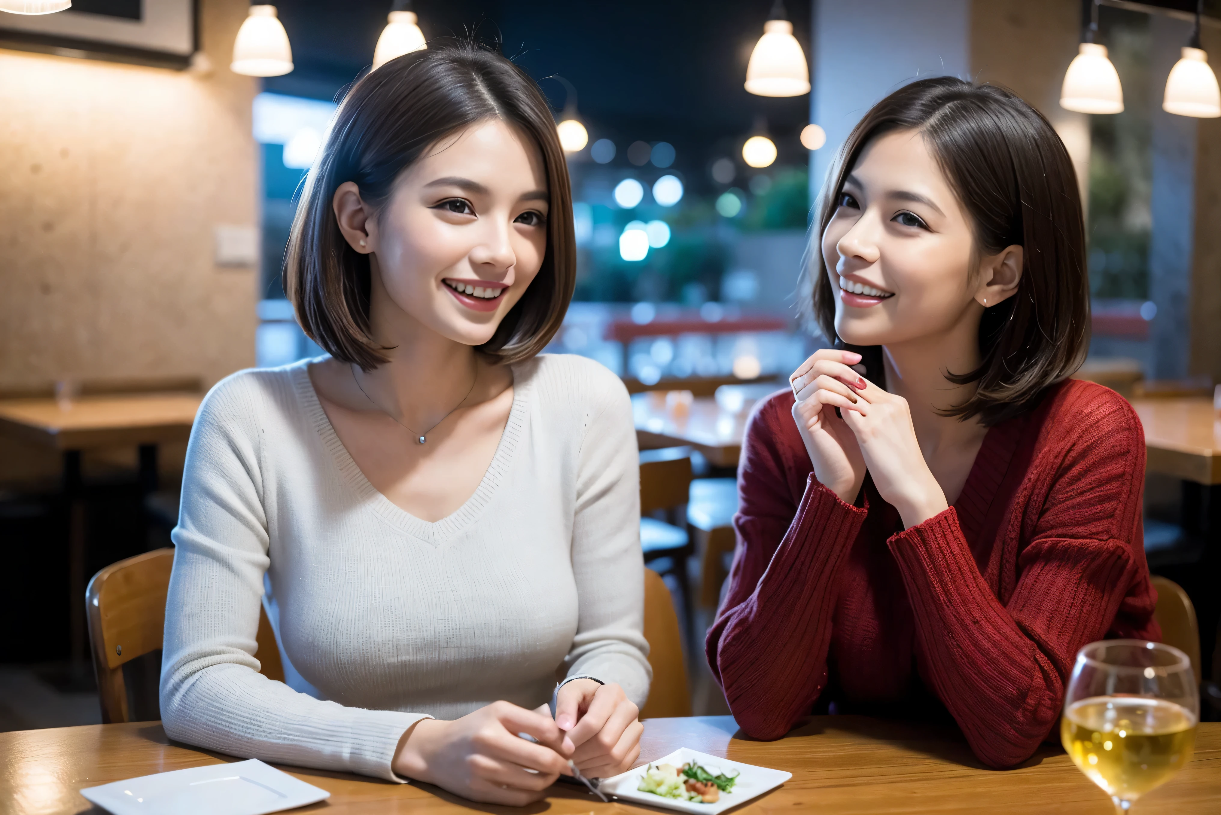 (including 64k、nffsw、highest quality、masterpiece:1.2)、(realistic、Photoreal:1.37)、Super detailed、wine glass、while enjoying wine、mature woman、two beautiful women、(slim face)、(because I&#39;thin)、（brown hair）、(shortcut)、Latino、smileのフランス人女性、happy italian girl、british woman、Americana、cheeks slightly red、(36 years old)、39 years old、red wine、窓の外には美しく緻密なnight景が広がります.........、restaurant、目立つ場所にあるwine glass、night、(from the waist up)、sit on top、date、(laughter:1.15)、fine and beautiful eyes、cashmere sweater、long sleeve dress、Japanese、(short hair:1.2)、Float NovaFrogStyle、、modeled、from the waist up、White wine、turned into slime、wine glass、超綺麗なnight景、wine glassを真ん中に置きます、smile、(8k、RAW photo、highest quality、masterpiece:1.2)、(realistic、Photoreal:1.37)、Super detailed、ultra high resolution、2 females、see the beholder、beautiful and detailed face、laughter、narrow、(slim waist) :1.3)、knit shirt、Fine and beautiful skin、skin texture、floating hair、professional light needle breast、kind eyes