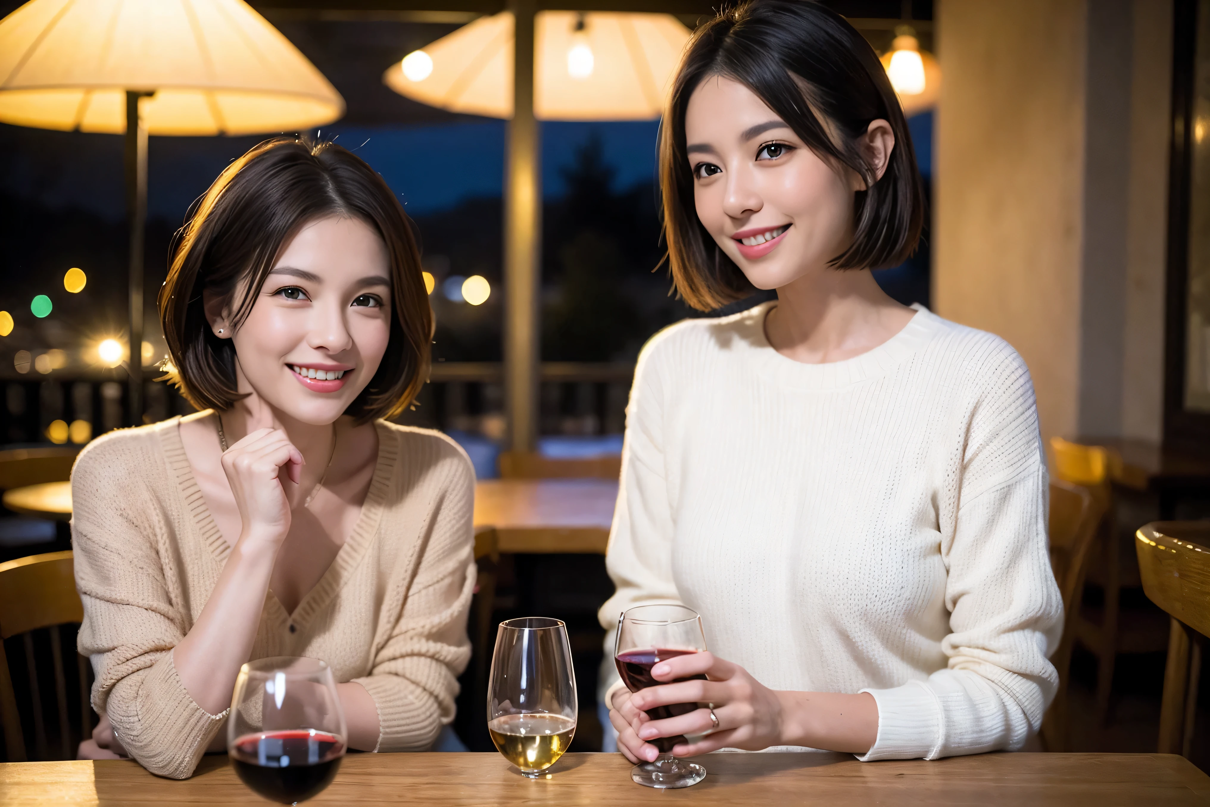 (including 64k、nffsw、highest quality、masterpiece:1.2)、(realistic、Photoreal:1.37)、Super detailed、wine glass、while enjoying wine、mature woman、two beautiful women、(slim face)、(because I'thin)、(brown hair)、(shortcut)、Latino、smileのフランス人女性、happy italian girl、british woman、Americana、cheeks slightly red、(36 years old)、39 years old、red wine、窓の外には美しく緻密なnight景が広がります.........、restaurant、目立つ場所にあるwine glass、night、(from the waist up)、sit on top、date、(laughter:1.15)、fine and beautiful eyes、cashmere sweater、long sleeve dress、Japanese、(short hair:1.2)、Float NovaFrogStyle、、modeled、from the waist up、White wine、turned into slime、wine glass、超綺麗なnight景、wine glassを真ん中に置きます、smile、(8k、RAW photo、highest quality、masterpiece:1.2)、(realistic、Photoreal:1.37)、Super detailed、ultra high resolution、2 females、see the beholder、beautiful and detailed face、laughter、narrow、(slim waist) :1.3)、knit shirt、Fine and beautiful skin、skin texture、floating hair、professional light needle breast、kind eyes