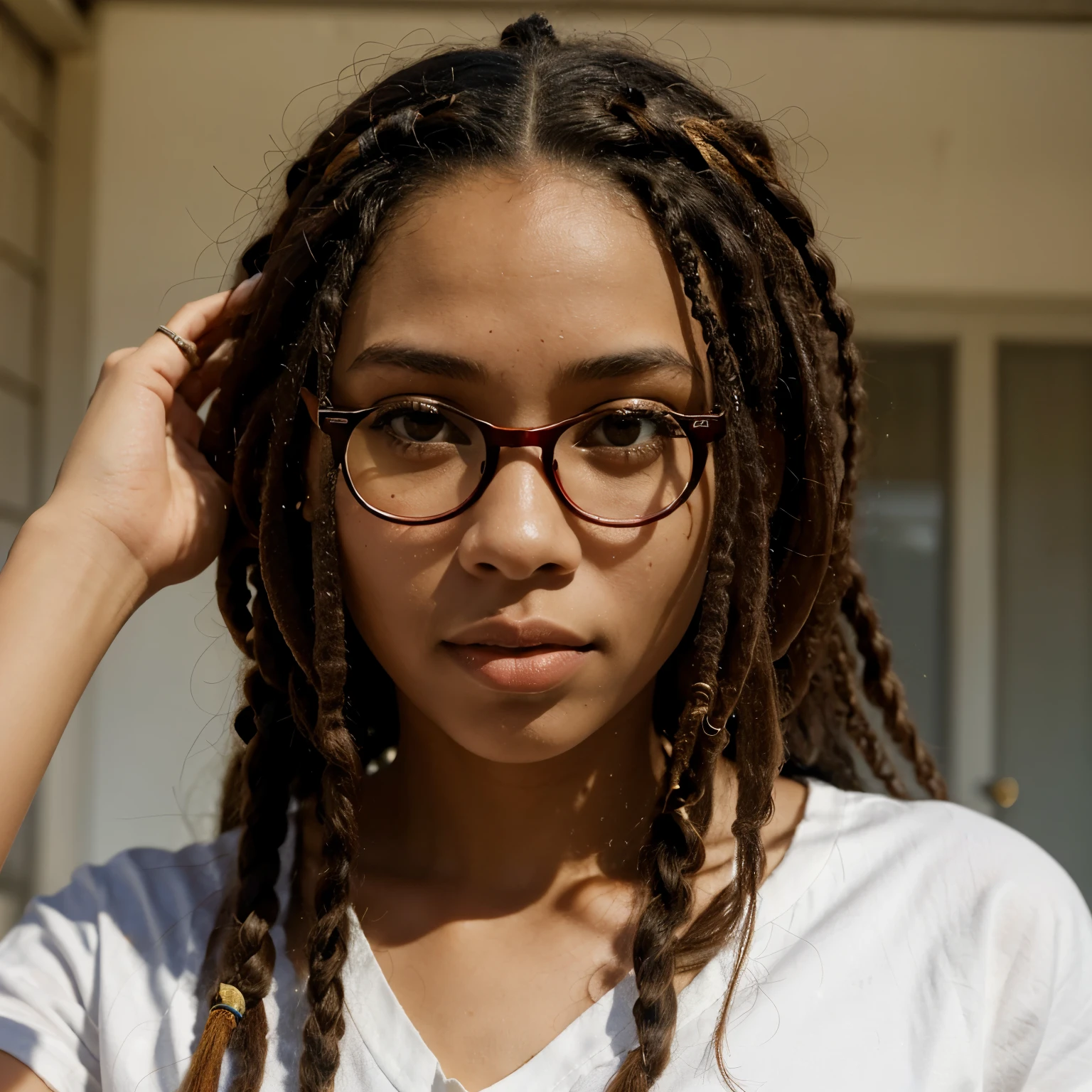 Beautifully soft brown skinned young black woman with black and brown dreads and glasses, dressed in an alt aesthetic, eyebrow and nose piercing and tattoos, curvy