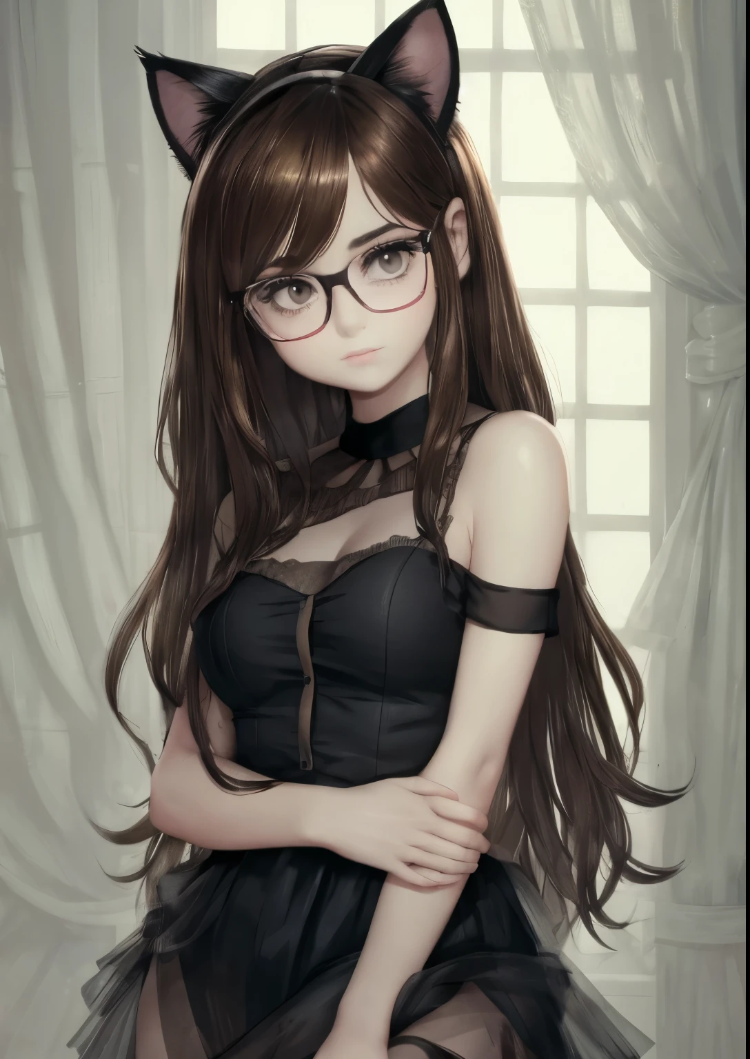 a beautiful teen-aged girl, extremely small breasts, long wavy brown hair, brown eye, eyeglasses, contemporary, Transparent tulle blouse with unbuttoned top button on bare body (Nipples are required), Realistic Proportion, Intricate, intricate detials, sharp-focus, look at you, parororo, (slender girl), rounded face, bangs between the eyes, sashagrey, band on the head in the form of cat ears