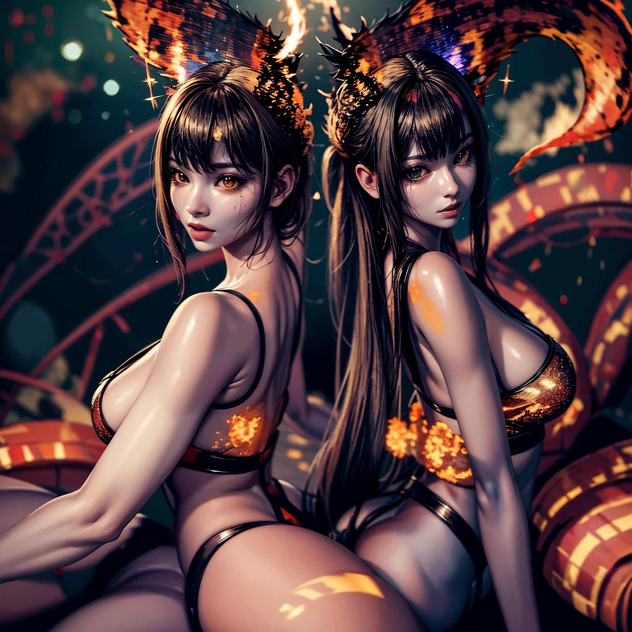 (:-1, Exposed:0.75), (((nipple:-1, horns:-1, extra ears:-1))), (bokeH, Acutance:0.85, Ultra-detailed:1.35), (Masterpiece, best quality, highres, realistic:1.37), (sexyit clad in flames with aura:1.28), (all outfits made of mes), (many colorful lights and sparks in blurred background:1.2), detailed gaze, seductive lips, alluring pose, mesmerizing atmosphere . BREAK  (Luminous Particles:1.15), full of fire covering and surrounding whole Body, filled with flames, ruins, fiery Sky, a cigarette hold in mouth .