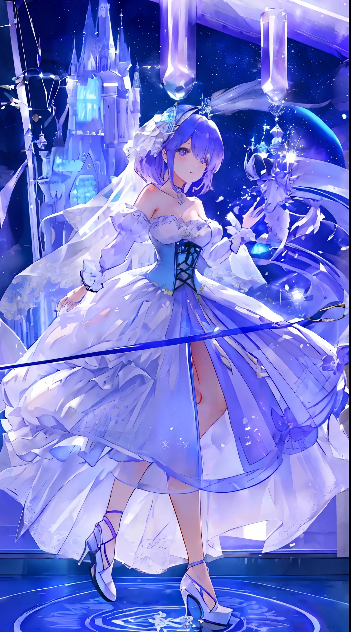 cinderella style、squash、Brides Outfit、purple hair、half length、light blue transparent clothing、High heel、corset、Katyusha