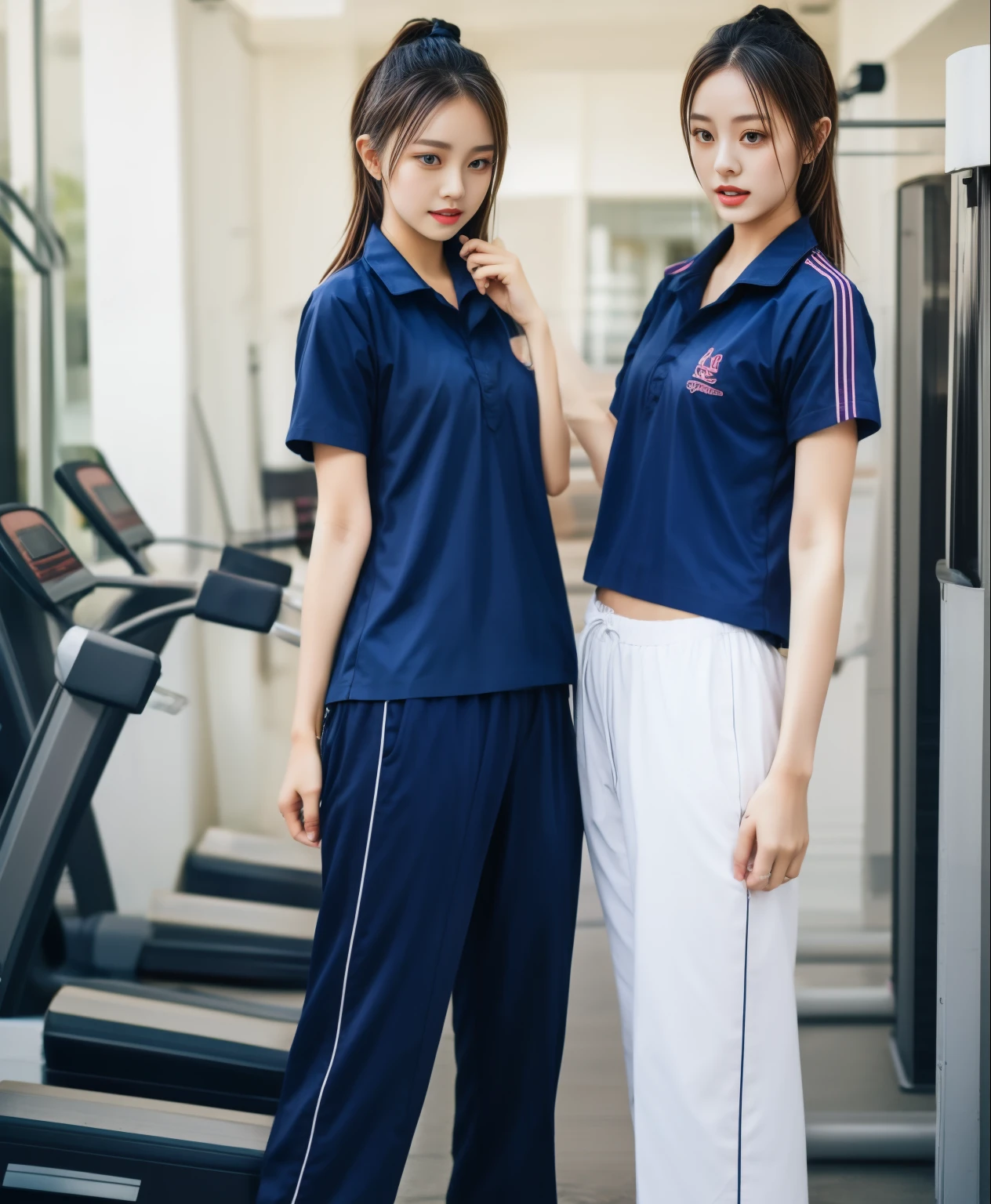 3 girls in fitness center, Navy blue short sleeve shirt.,Navy Long Trackpant,Sweatpants, Sweatpantsขายาว,25 year old girl, homosexual woman, sexy, exercise clothes, wet body, exercise clothes