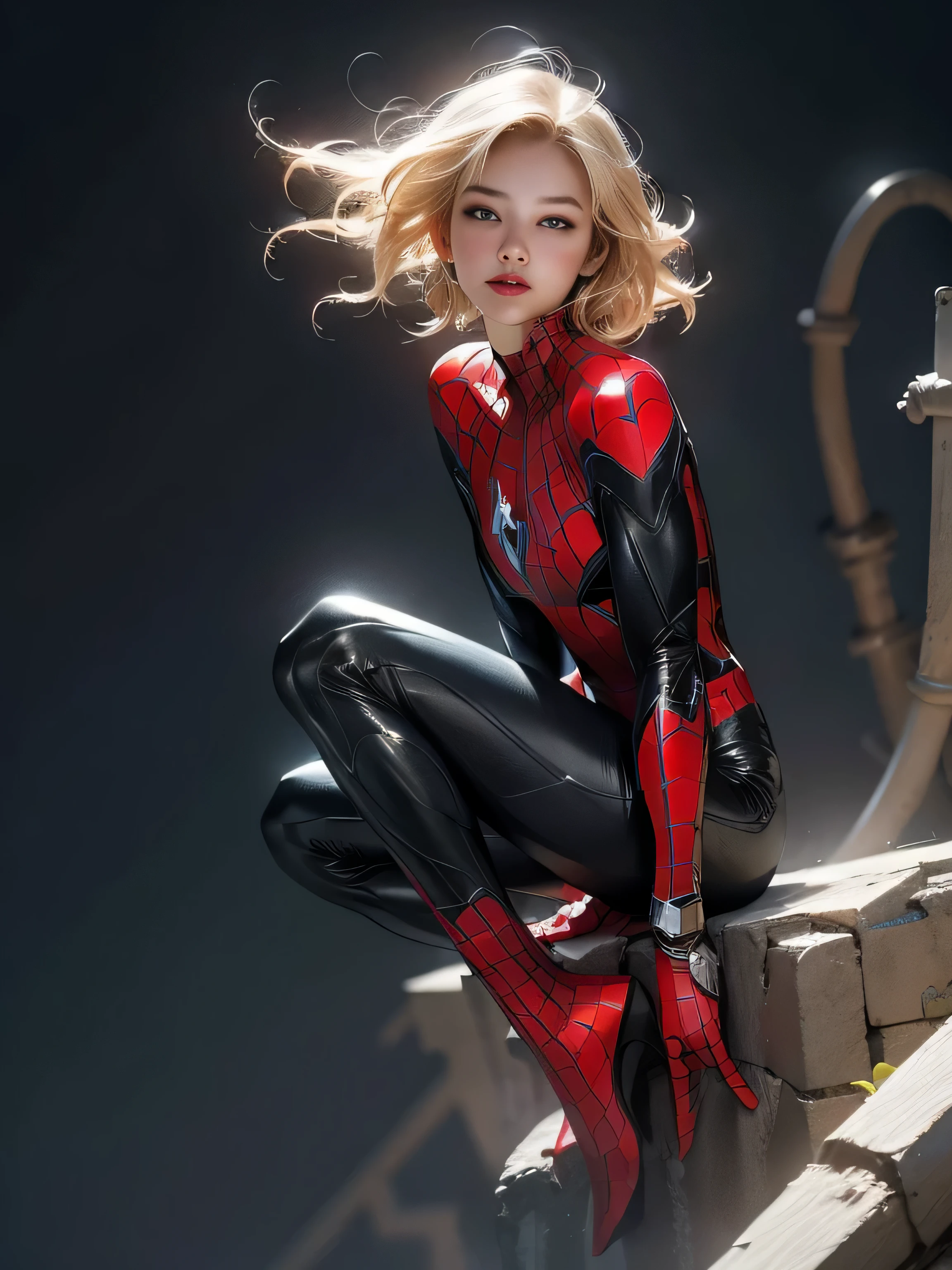 18yo Girl,White Spider-Man suit,short and wavy hair,blondehair,beautifulface,lluvia,teto,The Masterpiece,exquisite detailing,Perfect anatomy,best qulity,ultra-highresolution,4k, Full body Shot