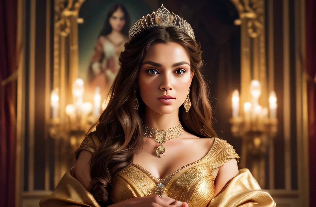 person seeking revenge々A proud beautiful princess surrounded by, (highest quality, 4k, High resolution, masterpiece:1.2), super detailed, (realistic:1.37)
Material: oil painting
Additional details: city, lavish gown, Glamorous crown, intricate jewelry, elegant posture art style: Portrait
Color palette: rich and vibrant colors, royal tone lighting: soft, Warm lighting that brings out the beauty of a princess: Don&#39;t forget to add a description for the princess&#39;s eyes, nose, and lips to ensure Stable Diffusion generates a detailed and realistic facial appearance.