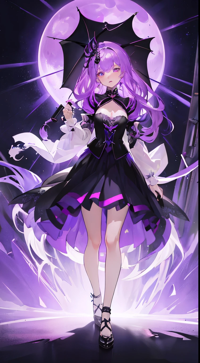 Anime girl in purple skirt holding umbrella in dark room, Moon themed clothing, fantasy costumes, rococo cyberpunk, Elegant Gothic Princess, black and purple clothing, gothic shoujo anime girl, Astral Witch Clothes, ta fashion, ((beautiful fantasy queen)), Charming hypnotic woman, Dress up in dreamy formal attire, lulua workshop, fairy tale core, I'm going