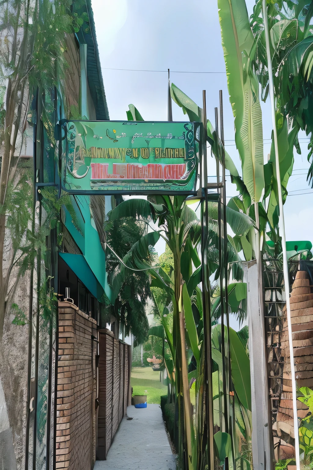there is a sign that says garden garden garden and spa resort, private academy entrance, centre image, front view, seen from outside, signboards, background image, front side view, foto, front-view, clean image, photo taken from the ground, picture taken from the ground, front side, full device, entrance, front photo, view from below