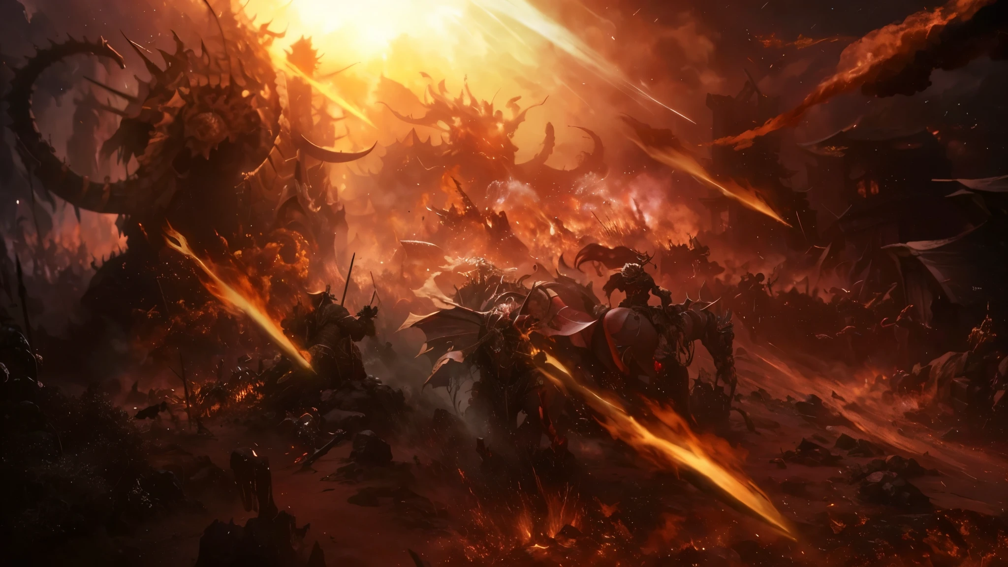 Two teams fighting in the burning battlefield, Diablo digital concept art, warhammer art, epic battle scene, Warhammer 4 0k artwork, Fantasy, 战锤Fantasy之战, 战锤Fantasy艺术, 史诗Fantasy艺术作品, hell background, epic battle scenes, Stunning concept art, 史诗Fantasy, dramatic concept art