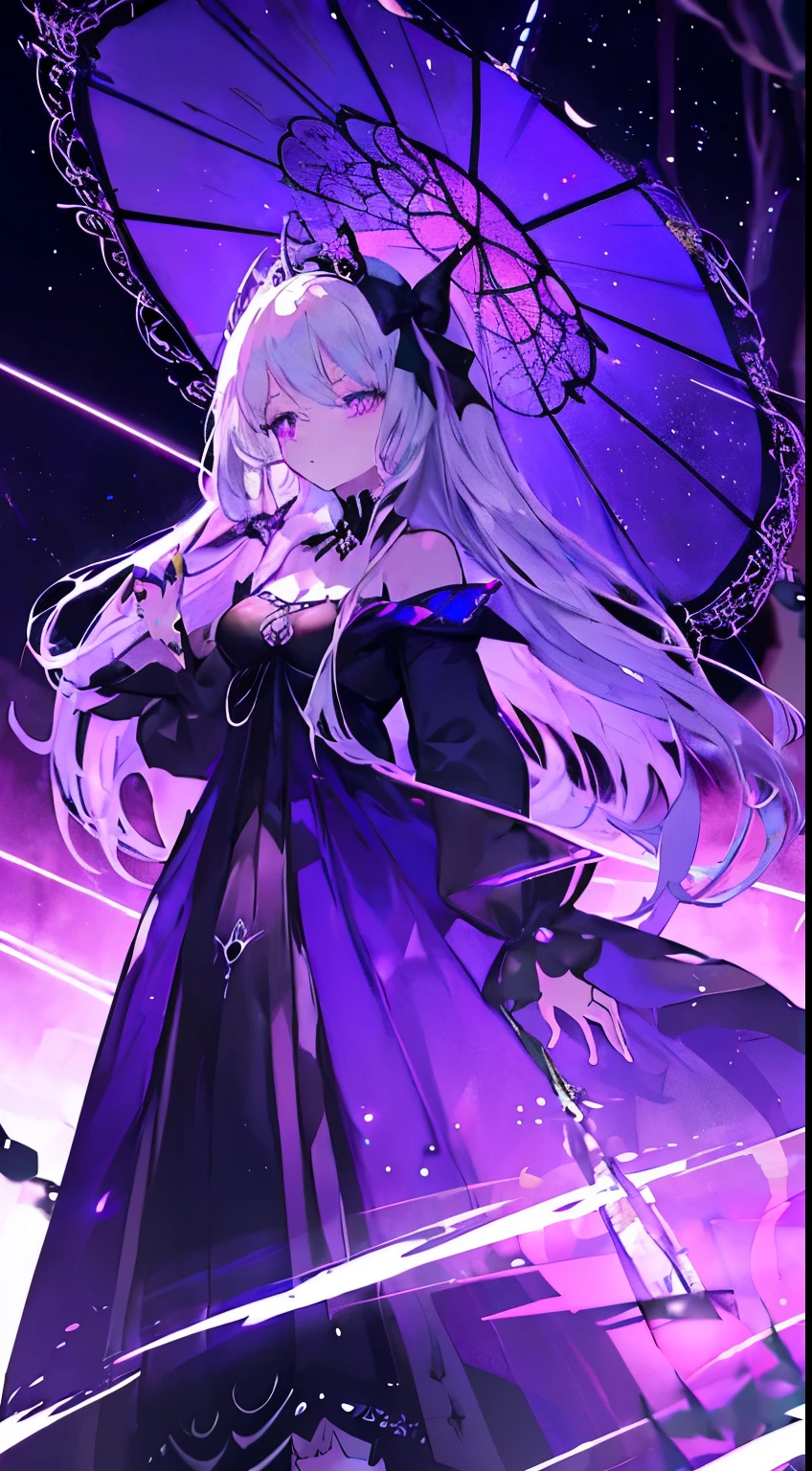 Anime girl in purple skirt holding umbrella in dark room, Moon themed clothing, fantasy costumes, rococo cyberpunk, Elegant Gothic Princess, black and purple clothing, gothic shoujo anime girl, Astral Witch Clothes, lolita fashion, ((beautiful fantasy queen)), Charming hypnotic woman, Dress up in dreamy formal attire, lulua workshop, fairy tale core, I&#39;m going
