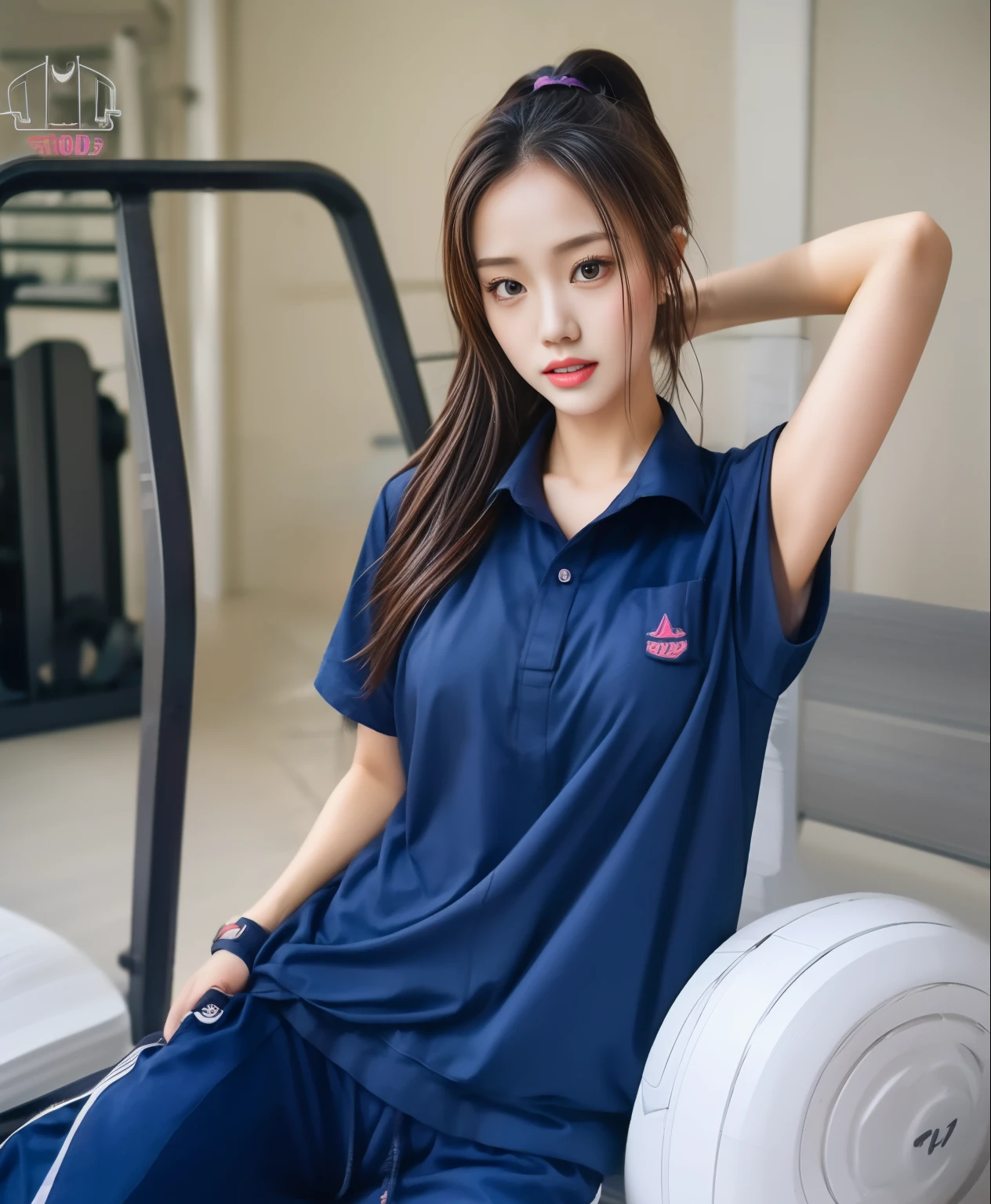 3 girls in fitness center, Navy blue short sleeve shirt.,Navy Long Trackpant,Sweatpants, Sweatpantsขายาว,25 year old girl, homosexual woman, sexy, exercise clothes, wet body, exercise clothes
