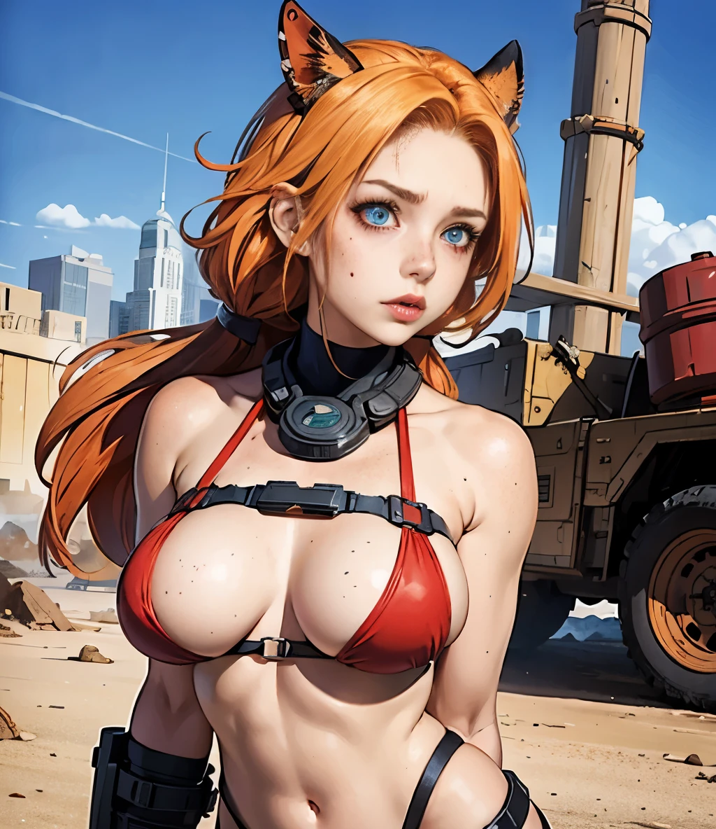 Post-apocalyptic femalewarrior in red bikini, ((perfect anime eyes)), perfect anatomy, perfect skin with ((freckles))