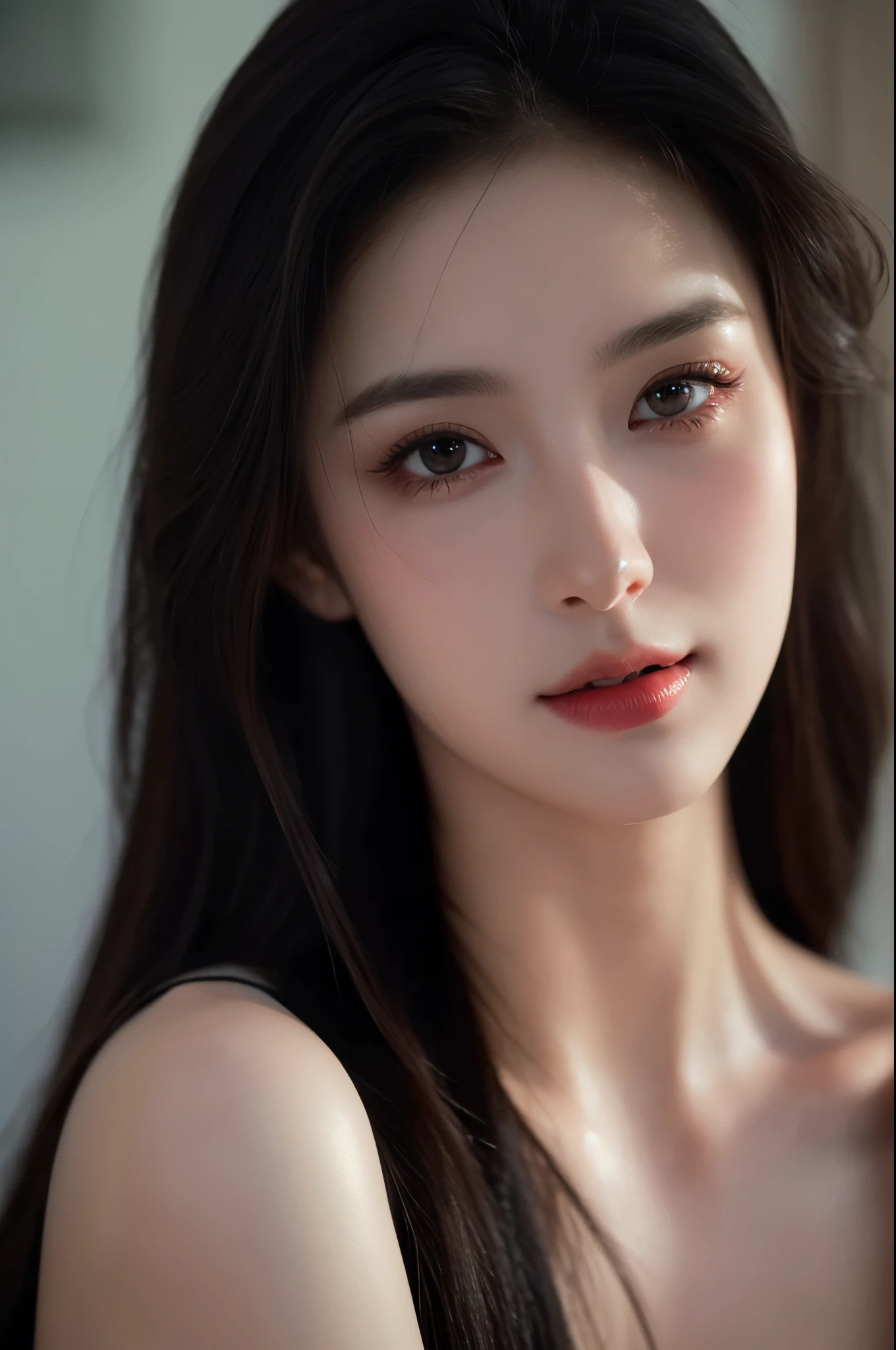 (best quality,4k,8k,highres,masterpiece:1.2),ultra-detailed,(realistic,photorealistic,photo-realistic:1.37),close-up of a woman in a black dress looking sideways,beautiful detailed eyes,beautiful detailed lips,longeyelashes,stunning appearance,dark hair,flawless skin,confident expression,subtle smile,elegant posture,softly lit,portrait photography,subtle color grading