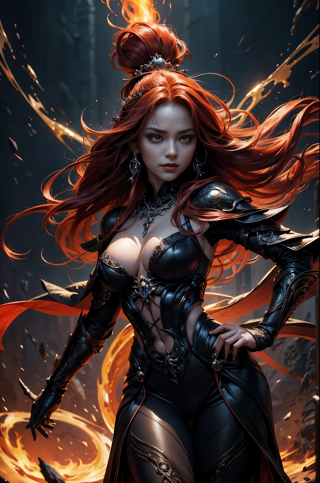 **Lady Akari, Herald of Shadowflame**
**Physical Appearance:**
Lady Akari is a figure of striking beauty, her features carved with an otherworldly elegance that commands attention and awe. Standing tall and regal, she possesses a lithe and athletic figure, her movements fluid and graceful like a dancer's. Her skin, the color of alabaster, is unblemished and smooth, glowing with an otherworldly luminescence that seems to emanate from within.
Fiery red hair cascades down her back like a waterfall of molten lava, framing a face of ethereal beauty. High cheekbones and a delicate jawline give her an air of aristocratic refinement, while full lips, painted a deep crimson, curve into a sardonic smile that hints at hidden depths of cruelty and malice. But it is her eyes that truly captivate, pools of swirling darkness that seem to reflect the depths of the abyss itself, glowing with an inner fire that burns with unearthly intensity.
Adorned in regal attire of flowing silks and darkened robes, Lady Akari exudes an aura of dark majesty and power. Her garments are embellished with intricate patterns of shadow and flame, shimmering with arcane energy that crackles and dances along the edges of her form. Around her neck, a pendant of blackened obsidian hangs, pulsating with dark power and exuding an aura of dread that chills the very air around her.
**Normal Demeanor:**
Lady Akari's demeanor is one of unbridled arrogance and superiority, her every movement exuding an air of haughty disdain for those around her. She holds herself with the poise and confidence of a queen, radiating an aura of undeniable authority and command. Her voice, smooth as silk yet laced with venomous undertones, carries the weight of her dark power, compelling all who hear it to heed her words with fear and reverence.
She is not subtle in her dealings, preferring to rely on brute force and intimidation to bend others to her will. Quick to anger and slow to forgive, Lady Akari shows no mercy to those w