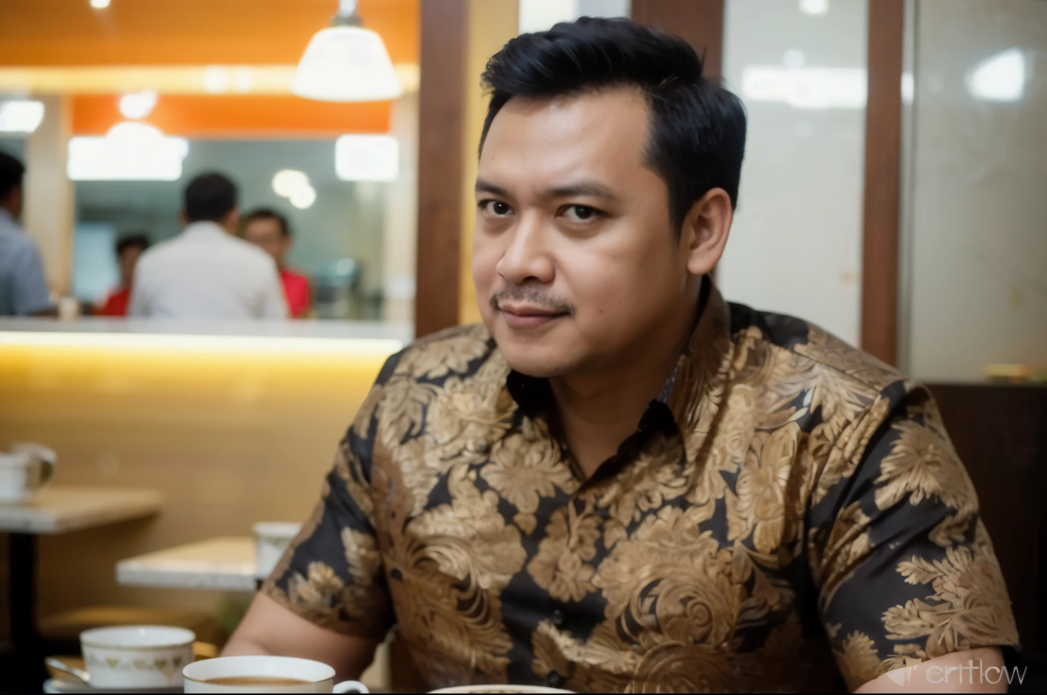 there is a man sitting at a table with a cup of coffee, ramil sunga, inspired by Basuki Abdullah, inspired by Rudy Siswanto, style of ade santora, by Basuki Abdullah, by Abidin Dino, handsome man, arsitektur nusantara, candid picture, andy worhol, batik