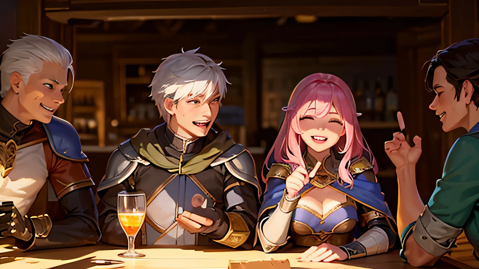 fancy, another world, adventurer, pub, Reconciliation, reminiscence, pretty girl archer, cute female wizard, Man in Armor, warm lighting, laugh, laugh, Mouth opens wide. You can observe the face forming..