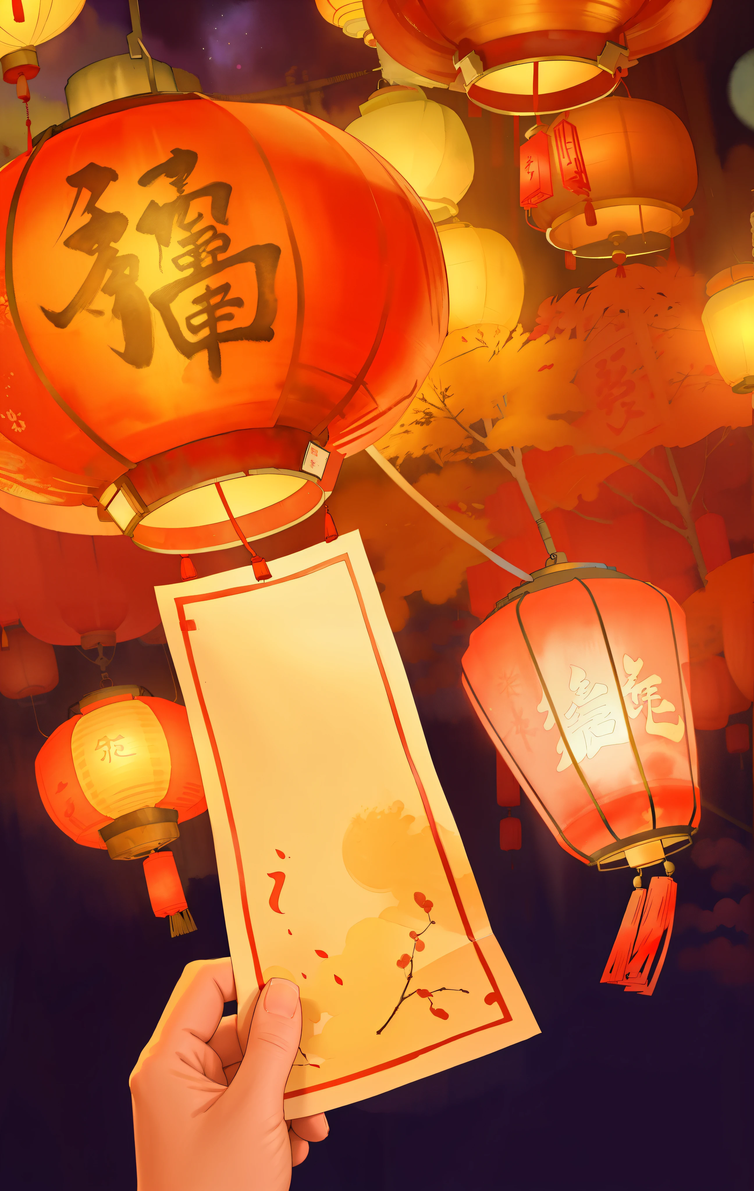 There is a hand holding a piece of paper with Chinese writing on it,Red lanterns sparkle at night，simple lantern，A beautiful artistic illustration, Chinese watercolor style