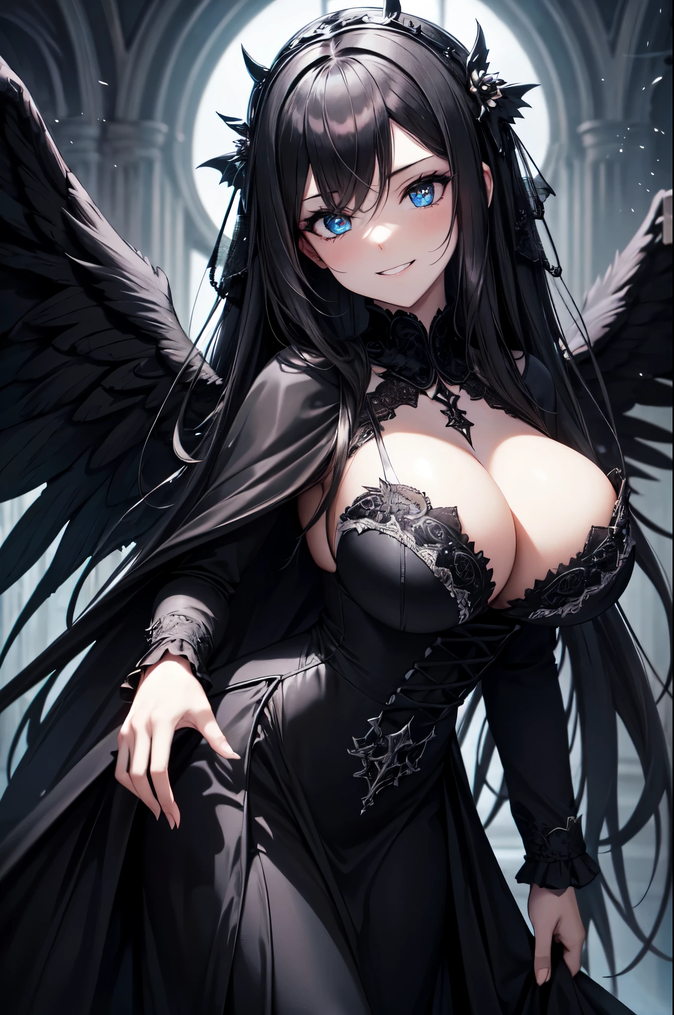 (High quality, High resolution, Fine details), dark, gothic, Black Winged Angel, gleaming black wings, flowing white gown, moonlight illuminating the scene, ominous and mysterious, divine beauty, contrast of light and dark, subtle shades of black and white, dramatic lighting, moody atmosphere, solo, curvy women, sparkling eyes, (Detailed eyes:1.2), grin, blush, shallow depth of field