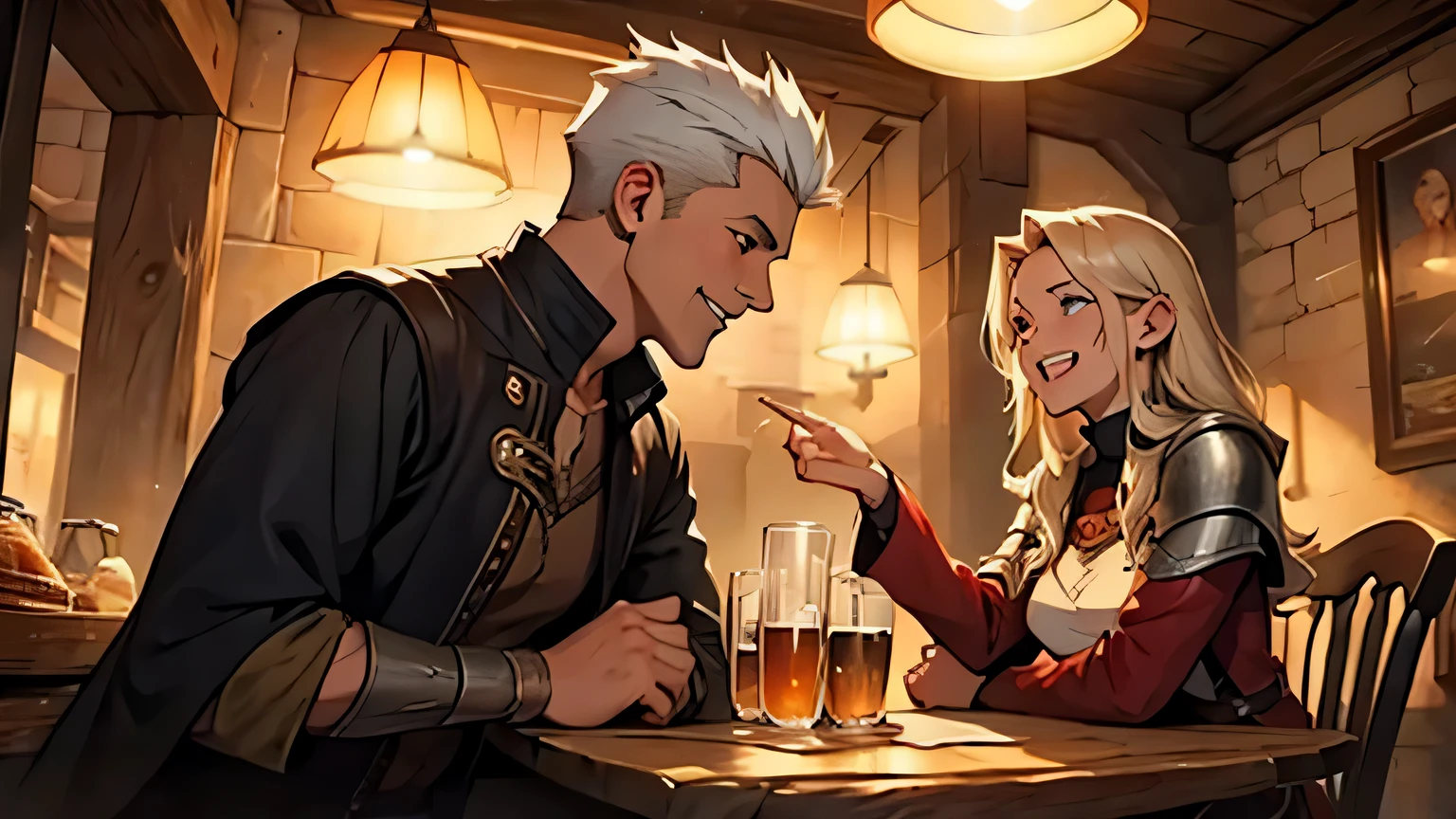 fancy, another world, adventurer, pub, Reconciliation, reminiscence, pretty girl archer, cute female wizard, Man in Armor, warm lighting, laugh, laugh, Mouth opens wide. You can observe the face forming...