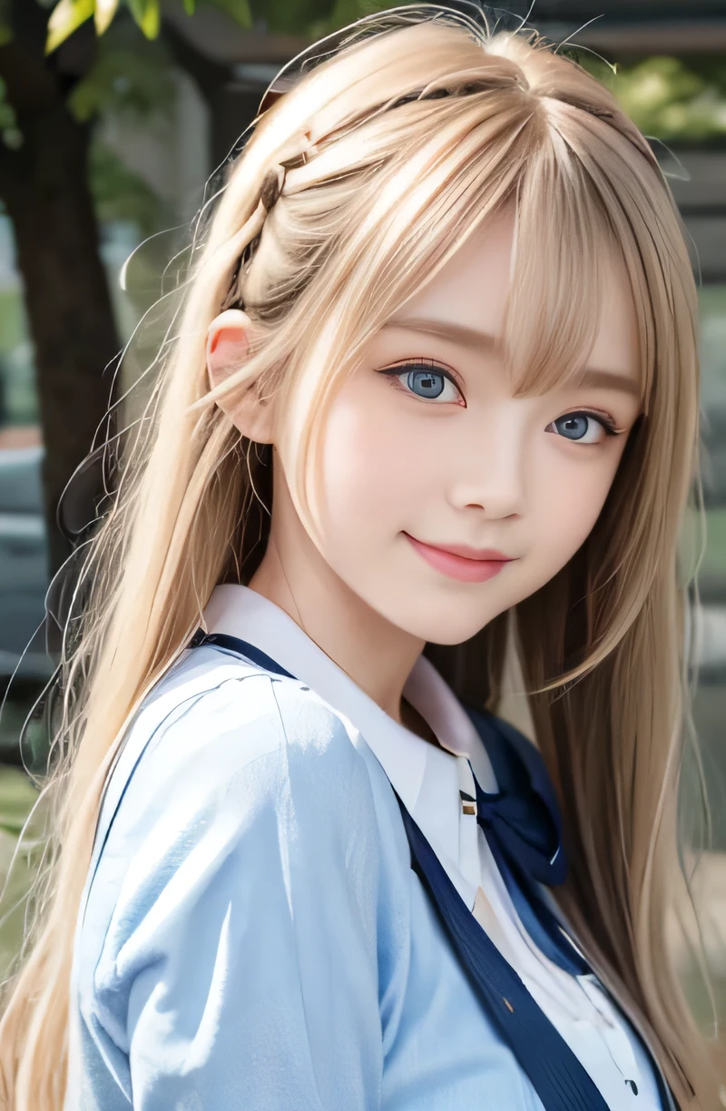 bright look, photorealism, highest quality, Super A high resolution, picture, The most beautiful photos of Nordic girls, cute and beautiful face details, small face, (smile shyly:1.4), (Pueros face_v1:0.008), beautiful bangs, alice in wonderland, beautiful like a fairy, 17 years old, White and shiny skin, Pigtails, Bangs that extend to the face, by bangs, hair between eyes, super long hair, Attractive, silky, super long platinum blonde hair, thin hair, Charming shining beauty bright clear light blue big eyes, (big round eyes, droopy eyes:1.4), school uniform, eyeliner, double eyelid, crisp chest, from the waist up,