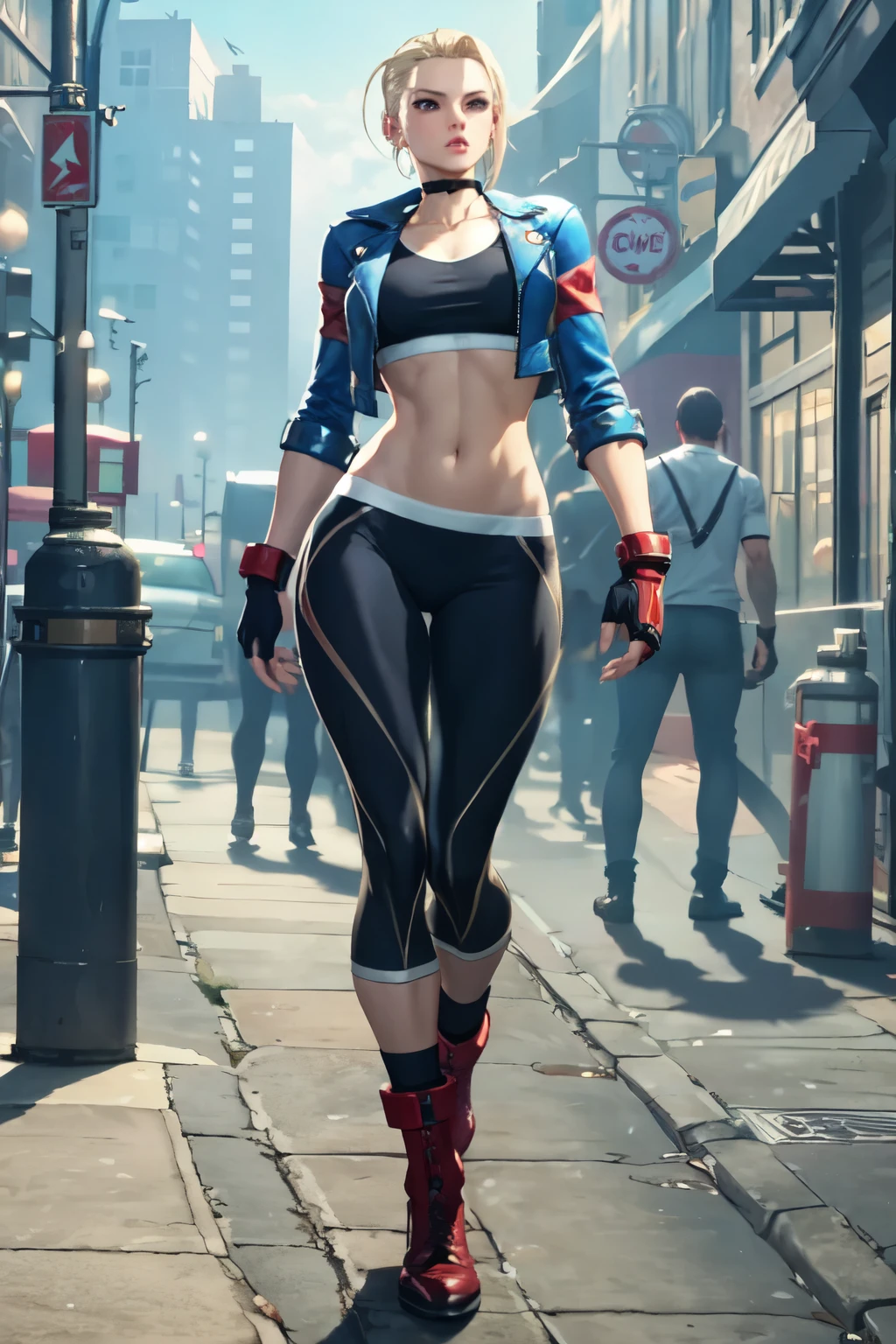 female cammy white in the city,  Perfect toned Body, Perfect face, Perfect hands, Perfect, Legs, street detailed and Intricated, bioluminicense, HD