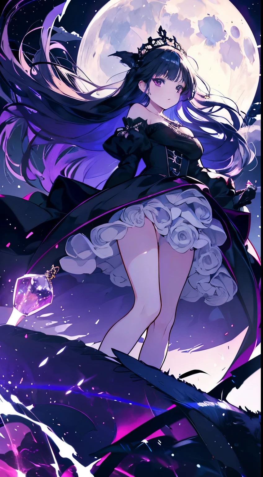 Anime girl in purple skirt holding umbrella in dark room, Moon themed clothing, fantasy costumes, rococo cyberpunk, Elegant Gothic Princess, black and purple clothing, gothic shoujo anime girl, Astral Witch Clothes, ****ta fashion, ((beautiful fantasy queen)), Charming hypnotic woman, Dress up in dreamy formal attire, lulua workshop, fairy tale core, I&#39;m going
