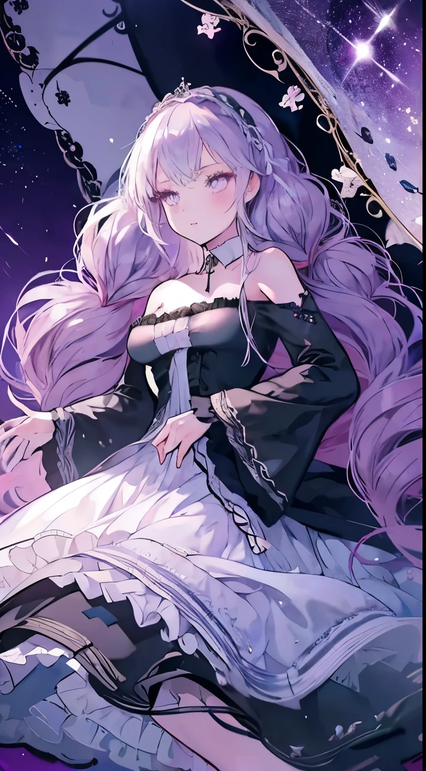 Anime girl in purple skirt holding umbrella in dark room, Moon themed clothing, fantasy costumes, rococo cyberpunk, Elegant Gothic Princess, black and purple clothing, gothic shoujo anime girl, Astral Witch Clothes, lolita fashion, ((beautiful fantasy queen)), Charming hypnotic woman, Dress up in dreamy formal attire, lulua workshop, fairy tale core, I&#39;m going
