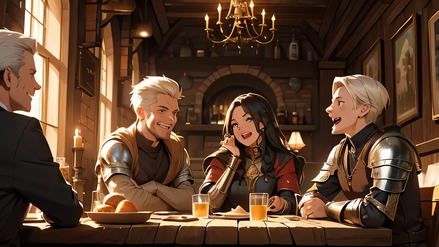 fancy, another world, adventurer, pub, Reconciliation, reminiscence, pretty girl archer, cute female wizard, Man in Armor, warm lighting, laugh, laugh, Mouth opens wide. You can observe the face forming...
