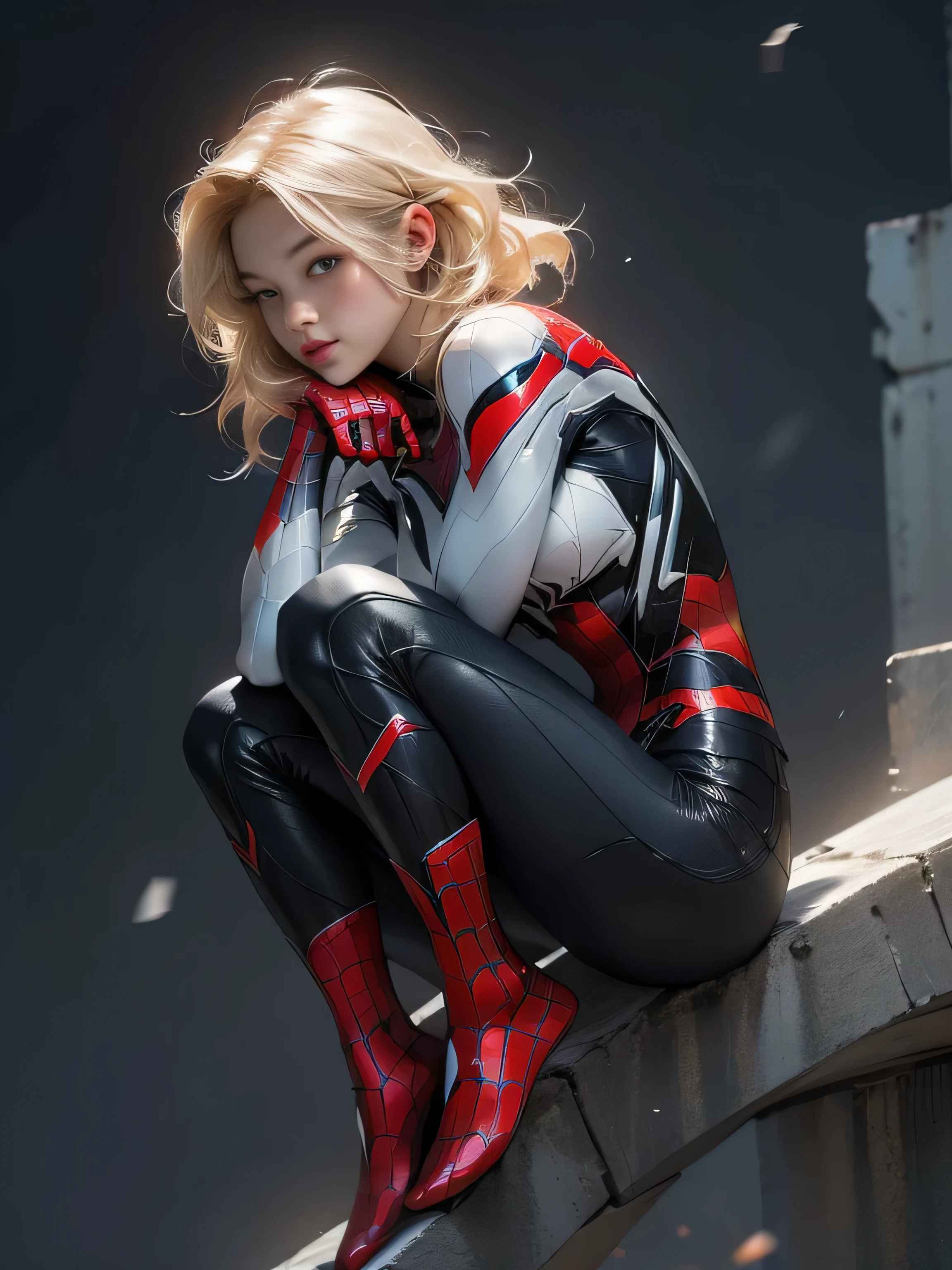 18yo Girl,White Spider-Man suit,short and wavy hair,blondehair,beautifulface,lluvia,teto,The Masterpiece,exquisite detailing,Perfect anatomy,best qulity,ultra-highresolution,4k, Full body Shot