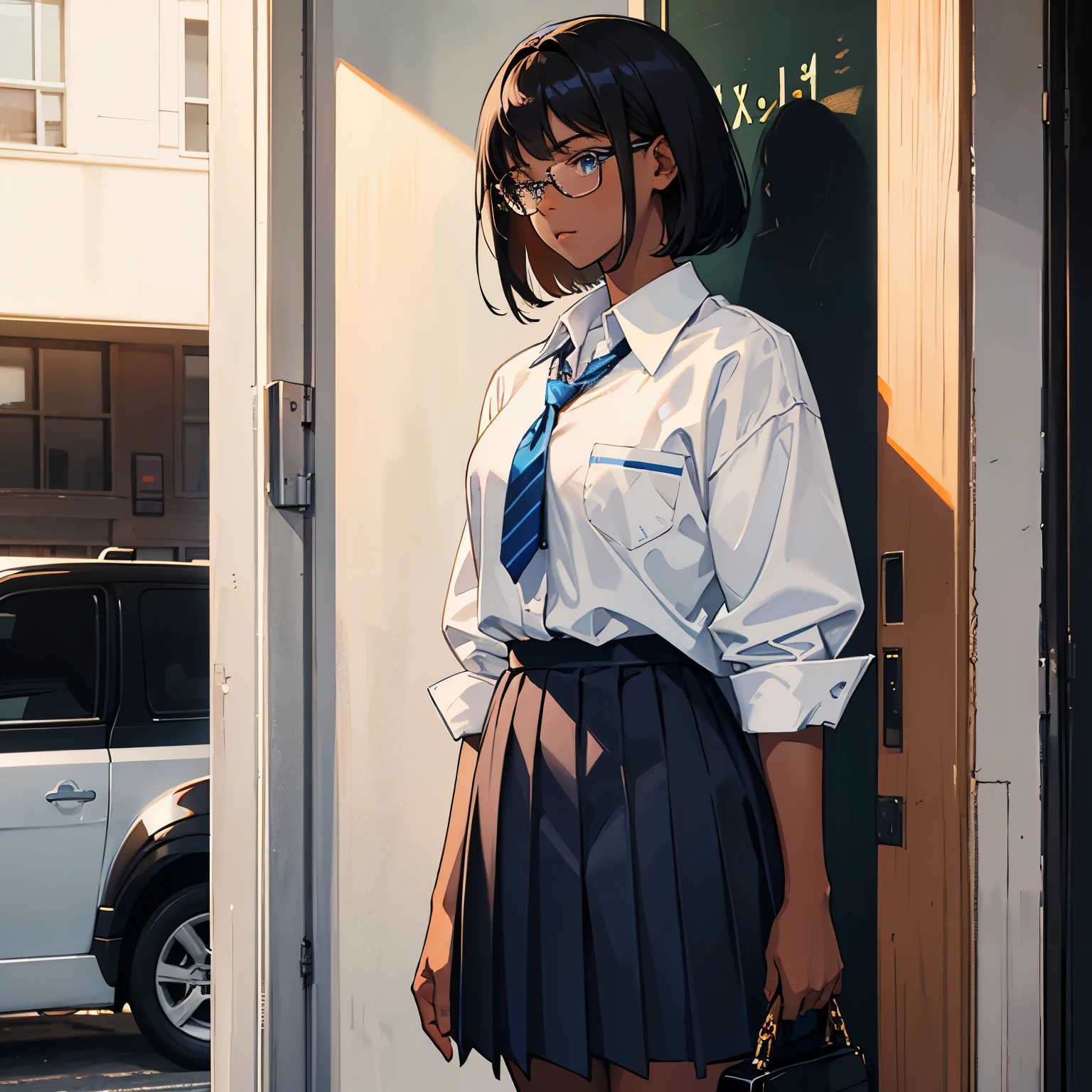 black hair short, dark skin, brown eyes with glasses , wearing simple school uniform, standing face to face with a white guy with blond hair and blue eyes