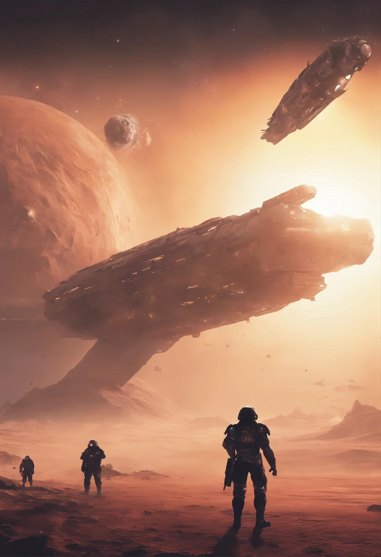 Dune concept art，Clean and neat tones，Sci-fi base scene，Huge scene，Square-shaped complex，Soviet aesthetic architecture，huge buildings，There are many ships in the air，Size contrast，crowd of，Soldiers versus soldiers，Big scenes of war，smog，epic concept art，Fine 8K，vray，Wasteland Science Fiction