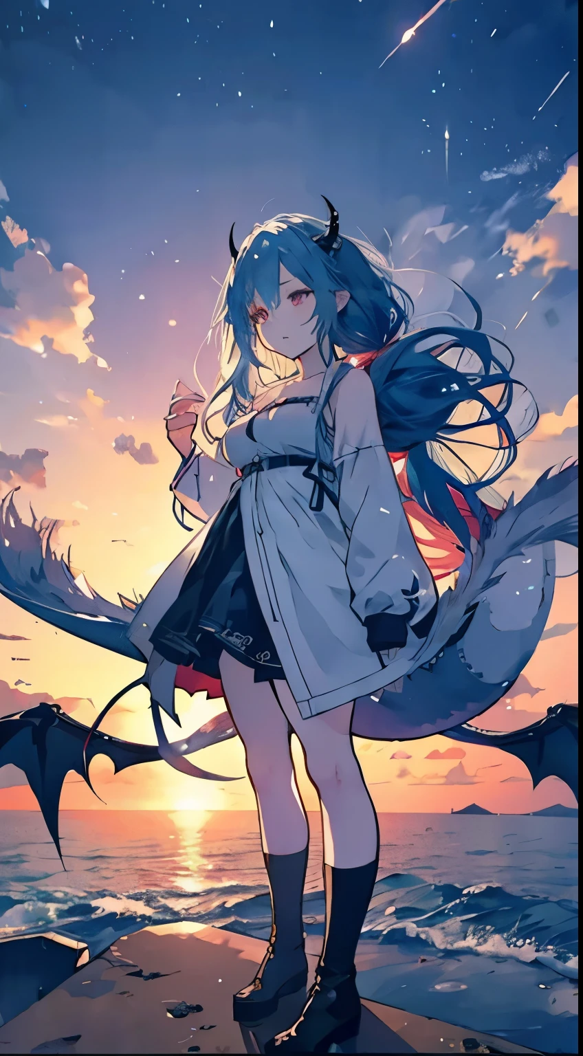 Anime girl with blue hair and horns on the street, 3D realistic animation, 2. 5d cgi anime fantasy artwork, anime style 3d, anime style. 8k, 4k anime style, 3D style realistic animation, deviantart art station cgscosiety, digital animation art, Gurwitz style art art, detailed digital animation art, White shirt, Dragon Wings