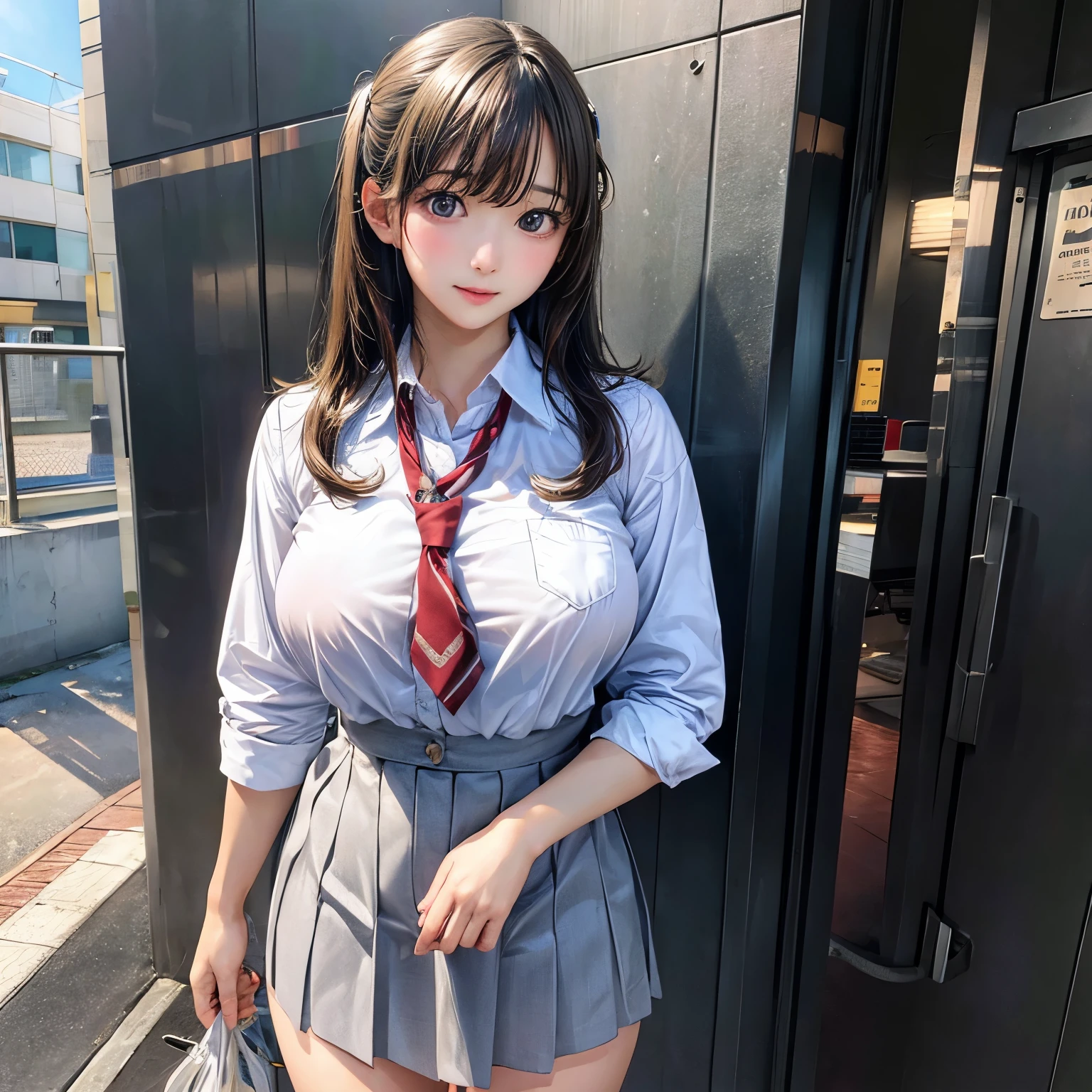 ((beautiful anime eyes with fine detail)), realistic skin, (intricate details), best lighting, depth field, ((ultra high resolution, high res)), {highres}, {{very fine 8KCG wallpapers}}, {{very precise detailed}}, ((((masterpiece)))), 1girl,teenager, (Blushing expression:1.5), smile,open mouth,in heat, ((japanese uniform)), nsfw,(shirt lift myself),((showing nippls)),((uniform mini skirt)), (wind lift:1.5),(tie),black socks, (mirror,smartphone,selfie)
