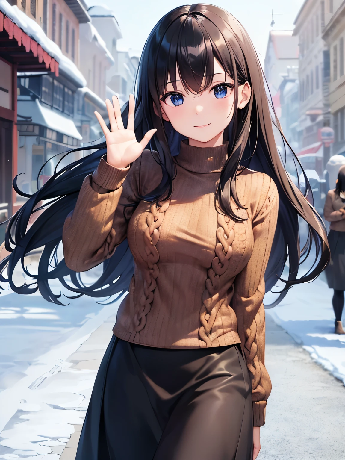 ((masutepiece, Best Quality)), ((hight resolution)), (photos realistic), Best Shadow, high detailing, Very detailed, (nice hand, Perfect hands), (Face Focus:1.2), ((1girl)), Beautiful Girl, 25に years old, blue eyes, (black long Hair:1.5), (small breasts:1.3), (Smile:1.3), Glossy white skin, (view from front:1.3), (Very slender:1.3), (Cute face:1.3), (look at viewer:1.4), detailed facial features,droopy eyes, Crisp focus, perfect beautiful body and face, Perfectly focused, (walking:1.4), Long bangs, (waving hand:1.4), (in the winter park:1.4), snow, ((brown knit sweater:1.4)), ((black long skirt:1.3))