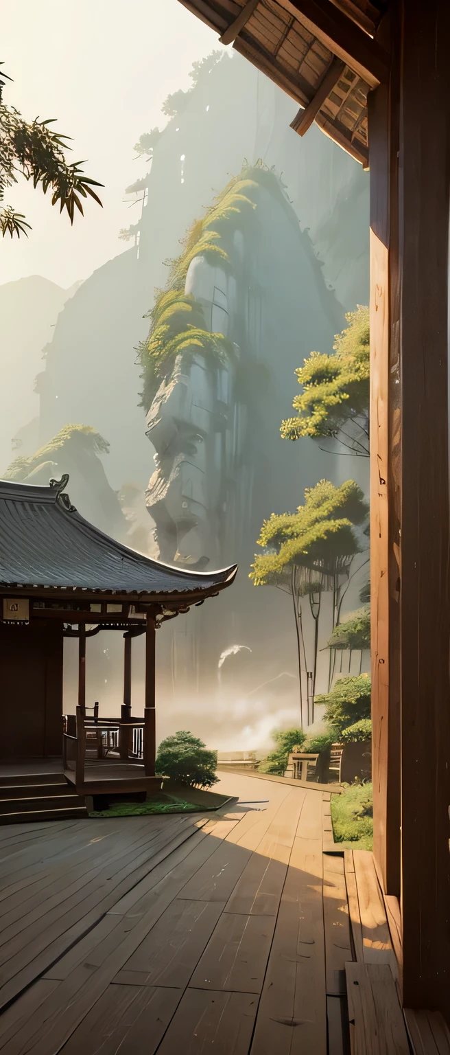outdoor scene，outdoor，bamboo forest，Wooden gazebo，background，no role，no characters，Head-up perspective，Buildings are vaguely visible in the distance，Chinese style