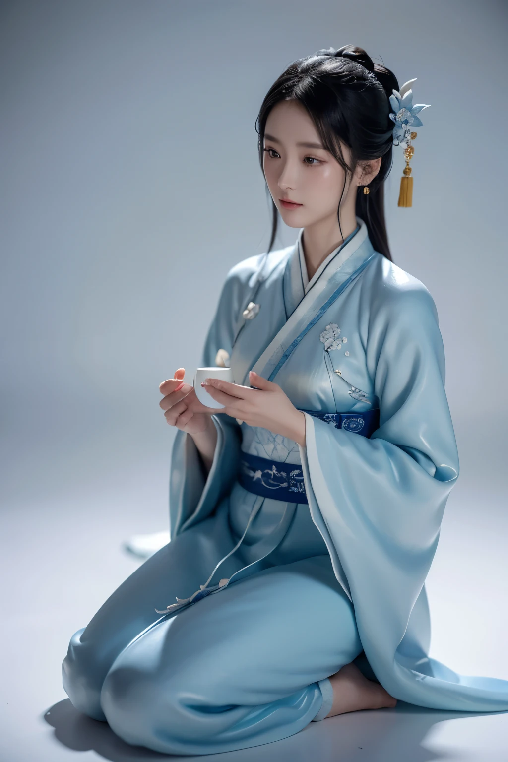 头发插着花的Guan yin雕像的特写,  of the southern seas, Guan yin, James Jean Soft Light 4K, James Jean Soft Light 4K, Chinese porcelain mannequin, Hanfu porcelain sculpture, Popular topics on cgstation, ceramic statue, miniature porcelain model, chinese blue and white porcelain, Very detailed shot of the goddess