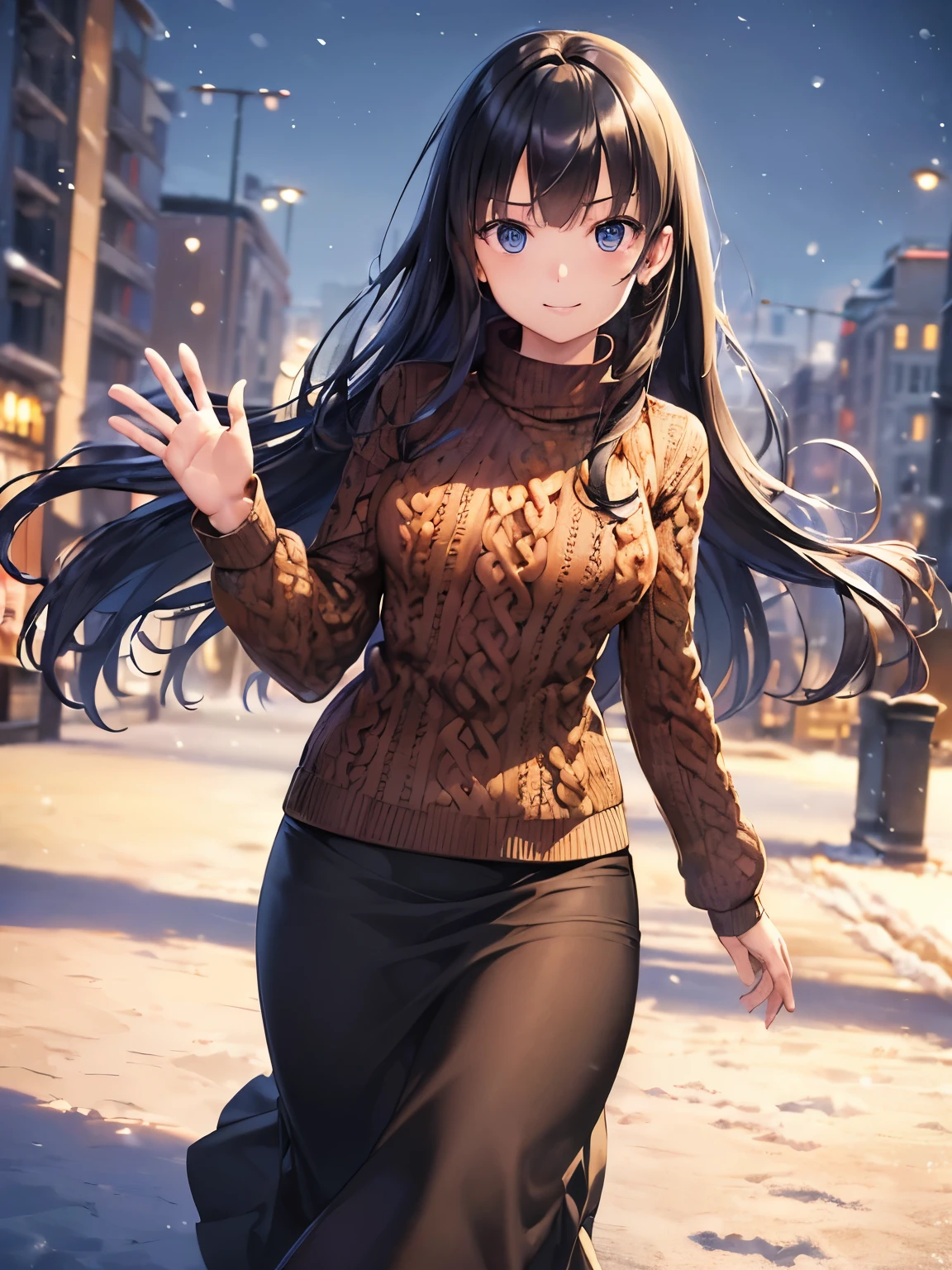 ((masutepiece, Best Quality)), ((hight resolution)), (photos realistic), Best Shadow, high detailing, Very detailed, (nice hand, Perfect hands), (Face Focus:1.2), ((1girl)), Beautiful Girl, 25に years old, blue eyes, (black long Hair:1.5), (small breasts:1.3), (Smile:1.3), Glossy white skin, (view from front:1.3), (Very slender:1.3), (Cute face:1.3), (look at viewer:1.4), detailed facial features,droopy eyes, Crisp focus, perfect beautiful body and face, Perfectly focused, (walking:1.4), Long bangs, (waving hand:1.4), (in the winter city:1.4), heavy snow, ((brown knit sweater:1.4)), ((black long skirt:1.3))