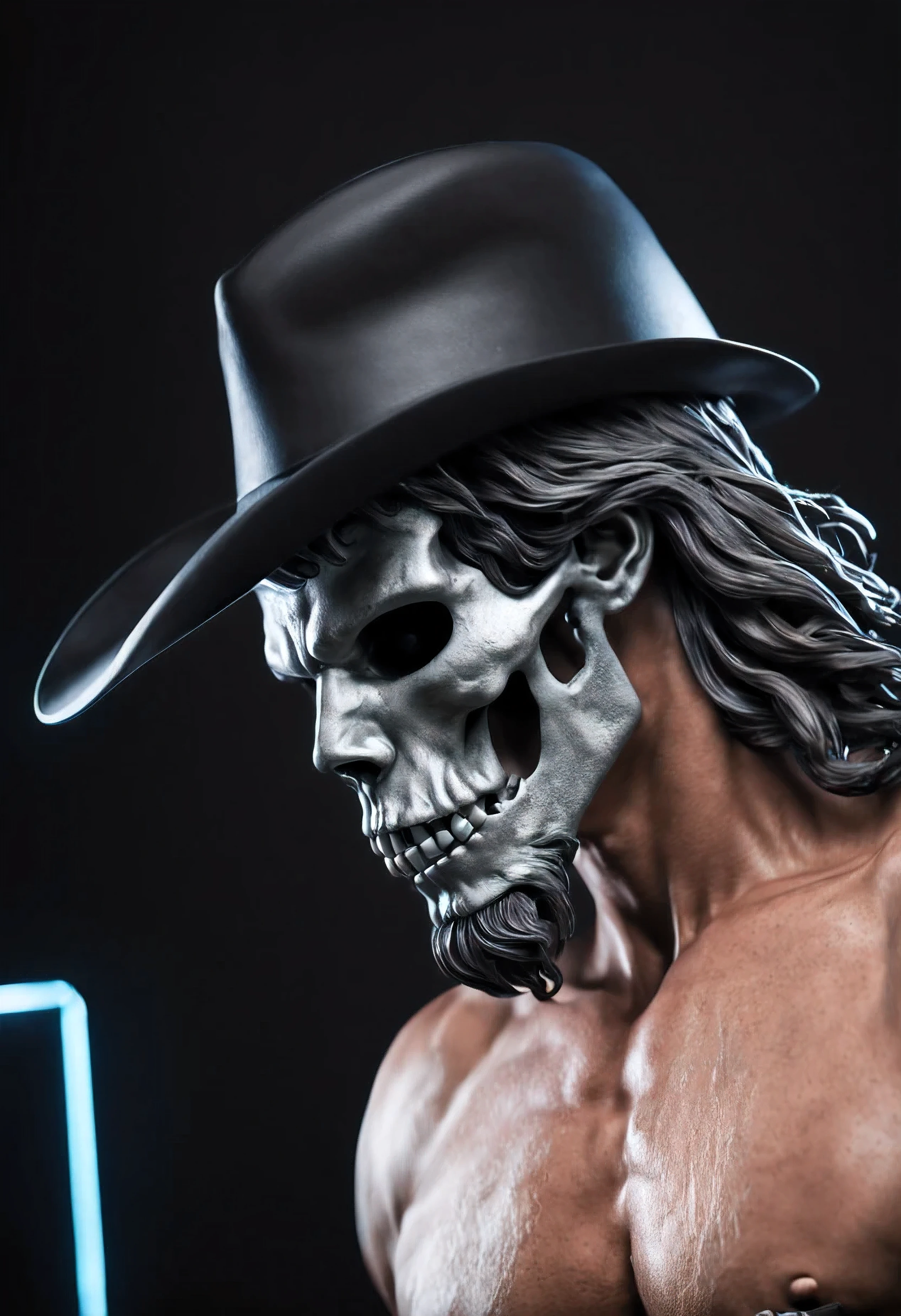 "(best quality,actual:1.37),portrait,Stone,dark gray,Statue of David,male,Half body,45 degree side view,Tilt your head slightly,Looking into the distance,long hair,stubble,Stainless steel color skull mask,a black hat,dark black background,Hanging triangular LED ambient light strips as decoration, Emit red and blue light. The sci-fi atmosphere is strong"