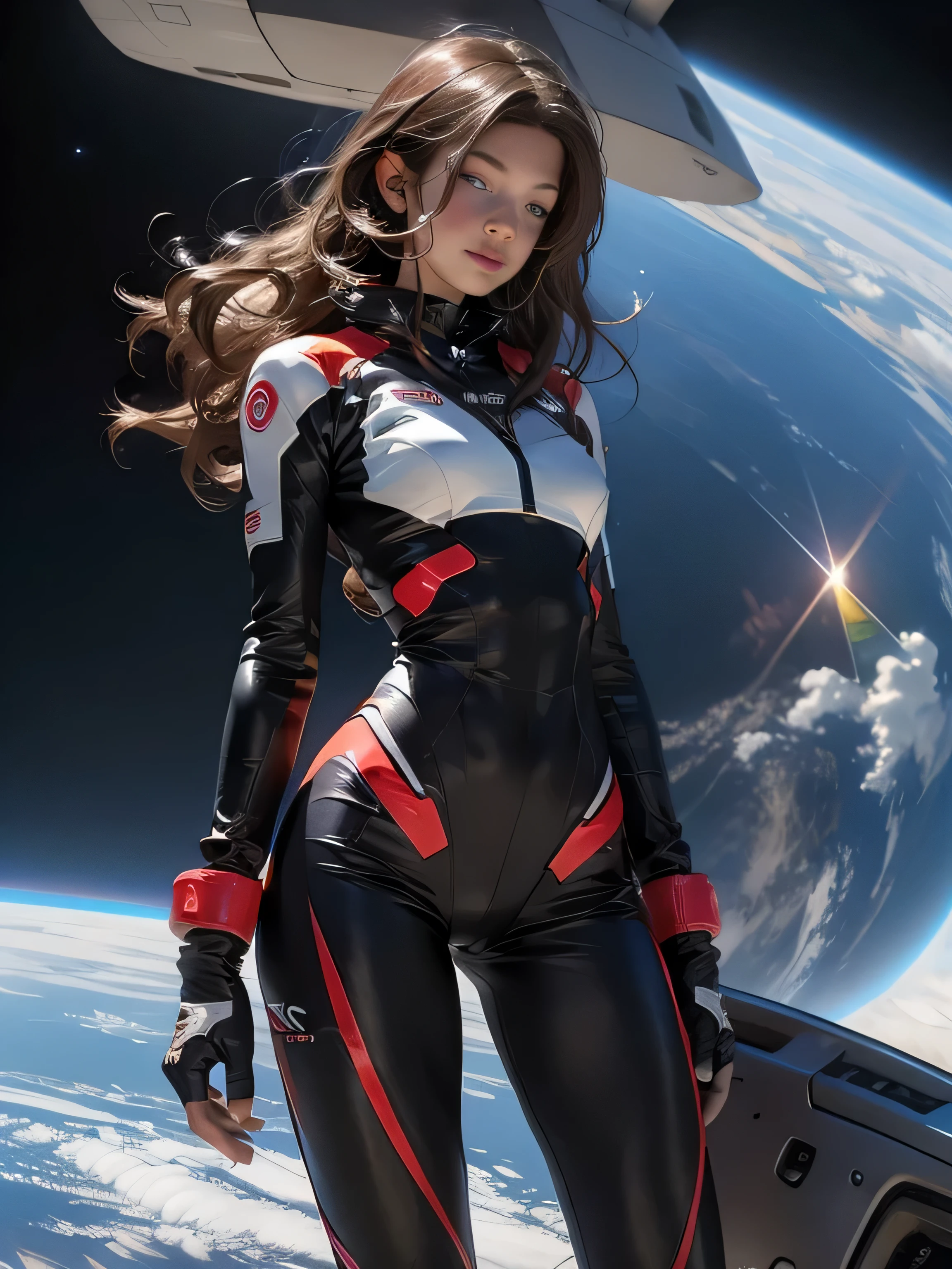 sandy hair muscular large breasts slender thighs slender waist pilot suit solo looking at viewer in space long hair blushing determination, Full body Shot