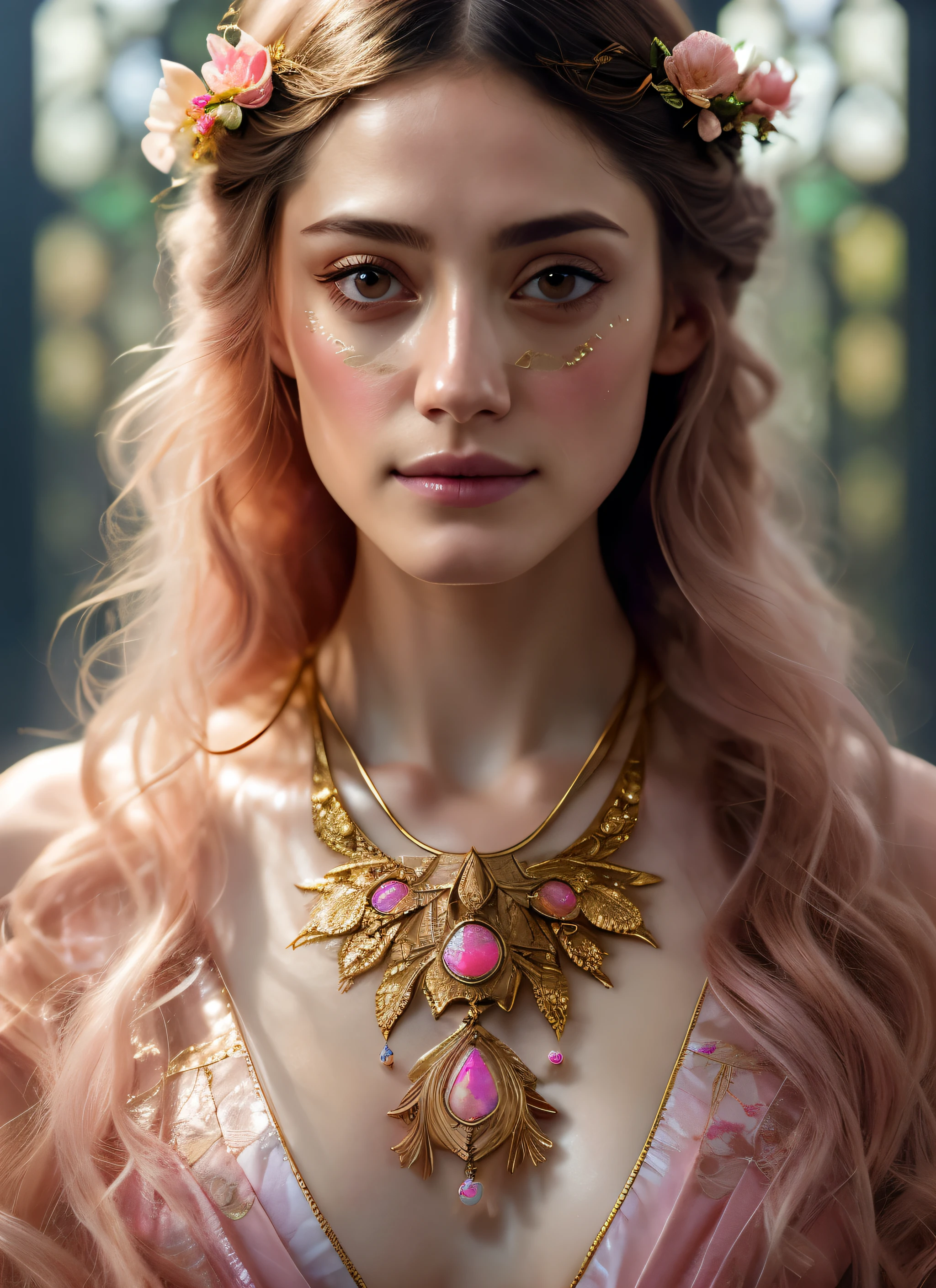 Looks like Emmy Rossum, (symmetry:1.1) (portrait of floral:1.05) a woman as a beautiful goddess, (assassins creed style:0.8), pink and gold and opal color scheme, beautiful intricate filegrid facepaint, intricate, elegant, highly detailed, digital painting, artstation, concept art, smooth, sharp focus, illustration, art by greg rutkowski and alphonse mucha, 8k